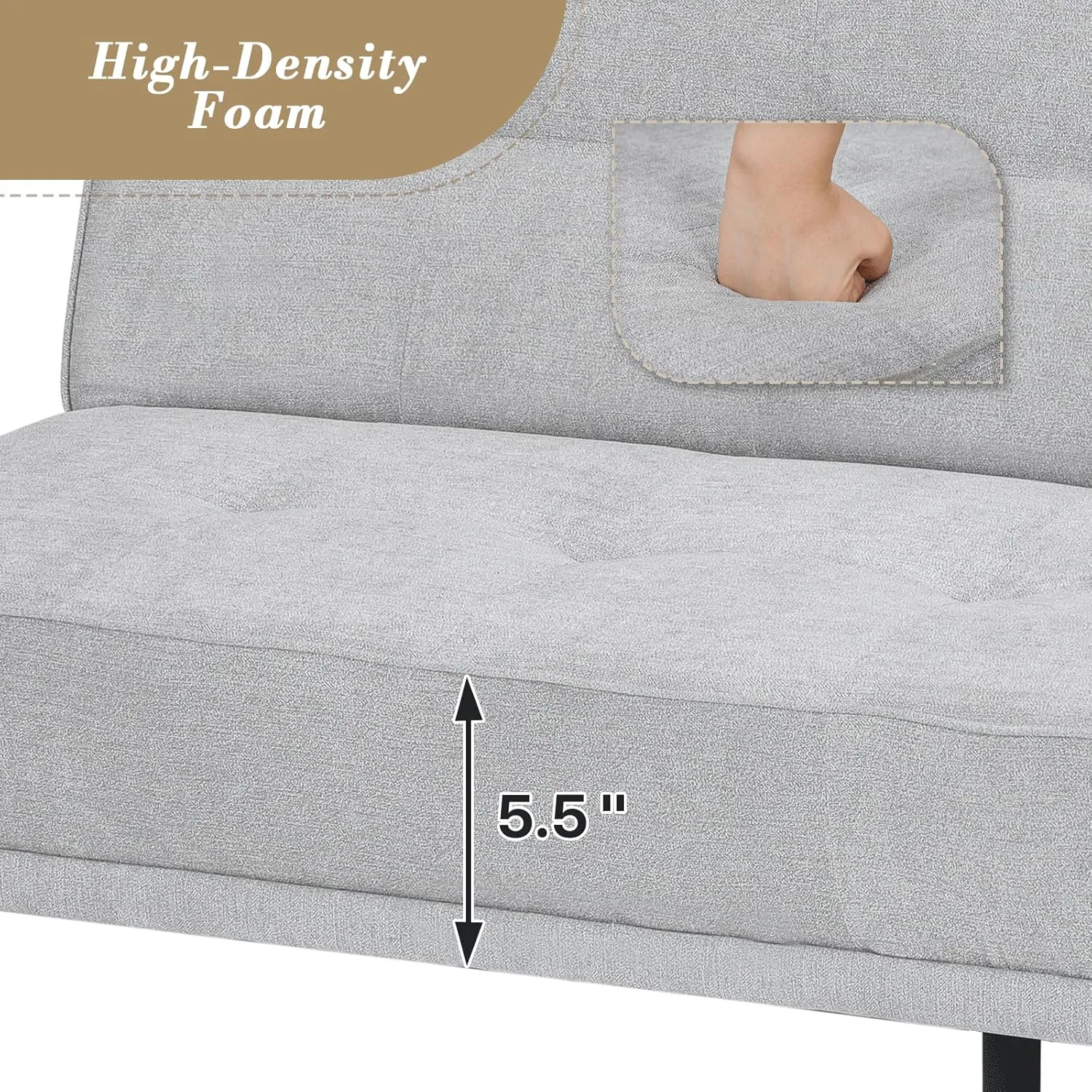 Athena Collection Futon Sofa Bed, Small Folding Futon Couch Bed 5 Position Reclining Adjustable, Convertible Mini Couch Sofa Linen Fabric for Living Room, Bedroom, Apartment, Small Space, Grey