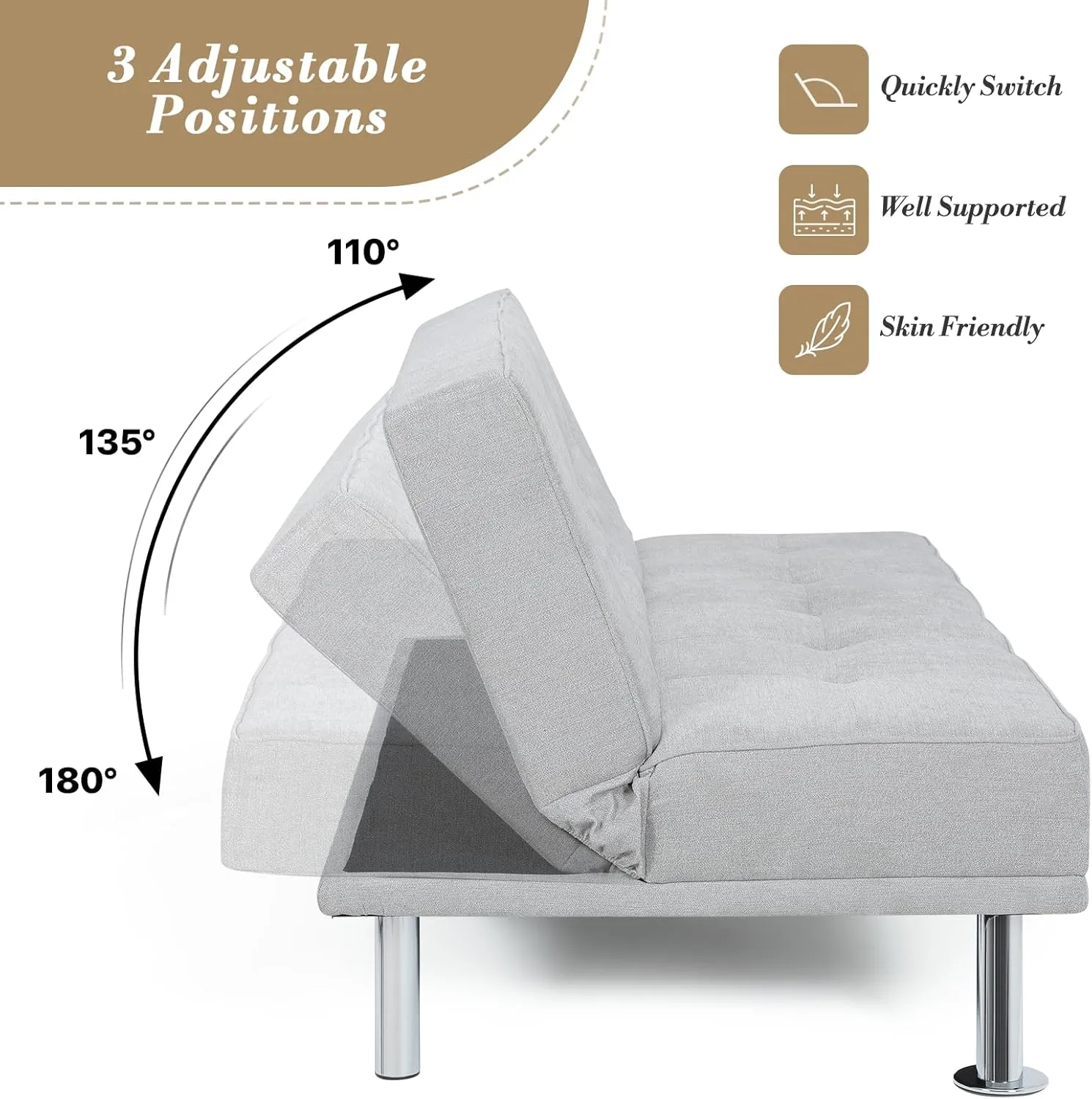 Athena Collection Futon Sofa Bed, Small Folding Futon Couch Bed 5 Position Reclining Adjustable, Convertible Mini Couch Sofa Linen Fabric for Living Room, Bedroom, Apartment, Small Space, Grey