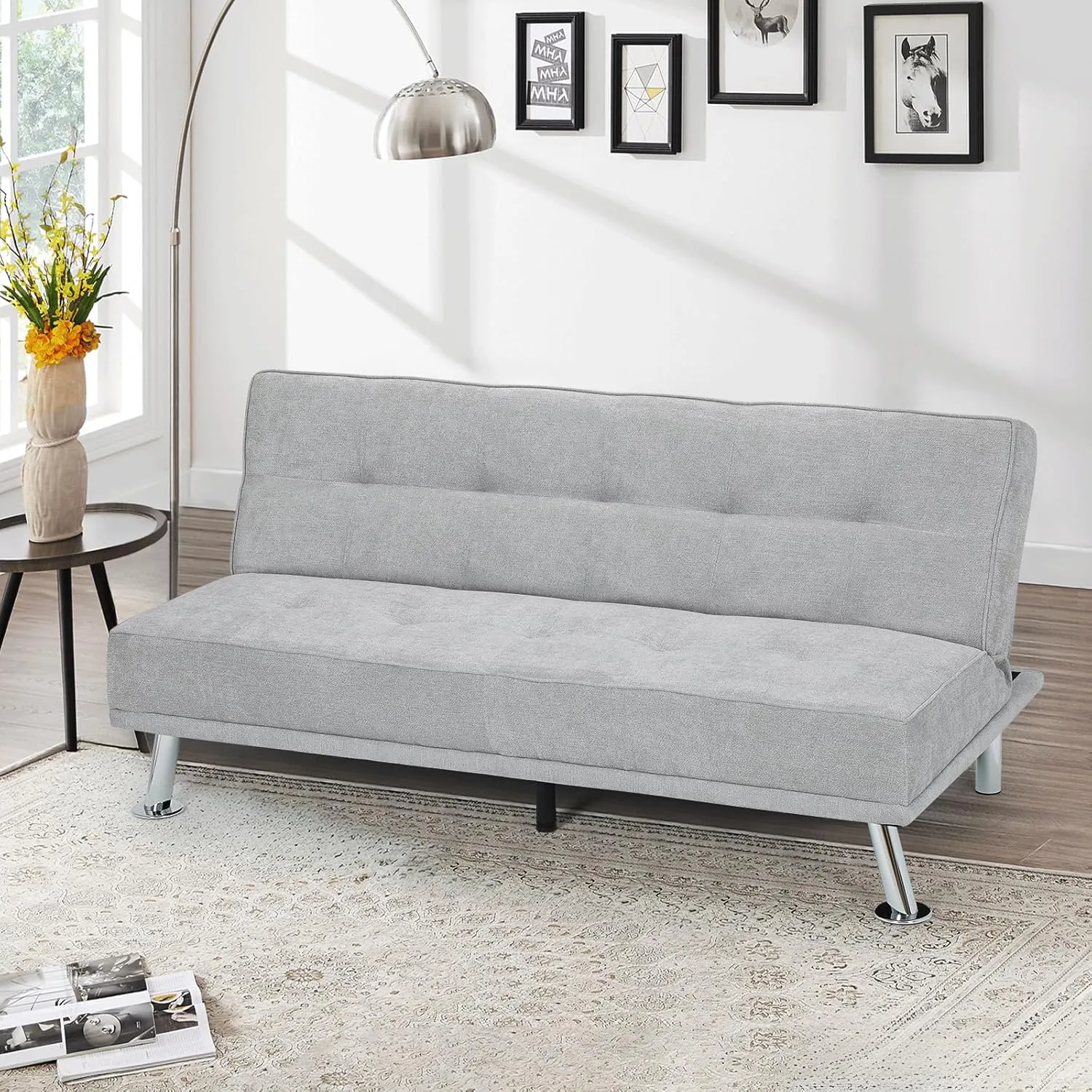 Athena Collection Futon Sofa Bed, Small Folding Futon Couch Bed 5 Position Reclining Adjustable, Convertible Mini Couch Sofa Linen Fabric for Living Room, Bedroom, Apartment, Small Space, Grey