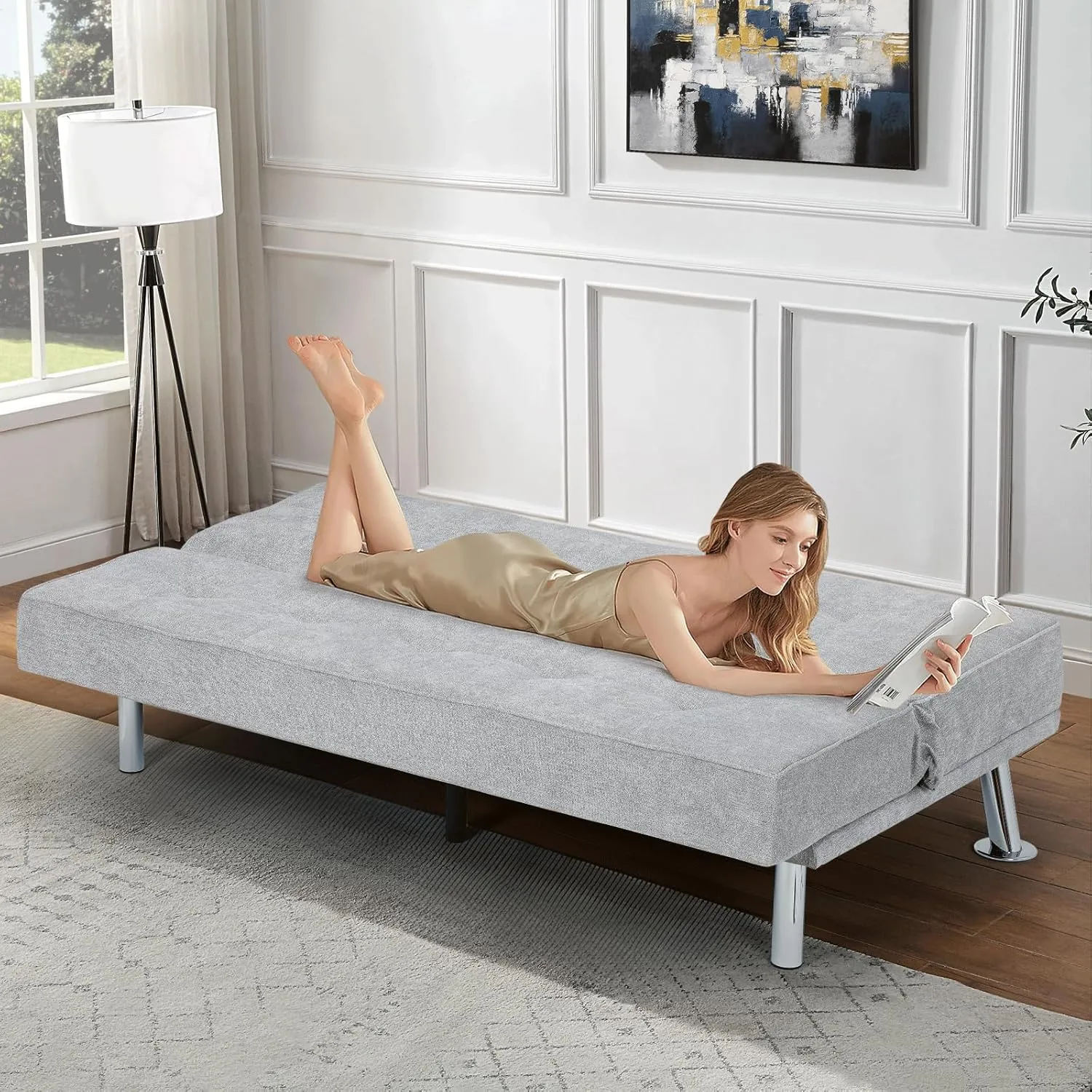 Athena Collection Futon Sofa Bed, Small Folding Futon Couch Bed 5 Position Reclining Adjustable, Convertible Mini Couch Sofa Linen Fabric for Living Room, Bedroom, Apartment, Small Space, Grey