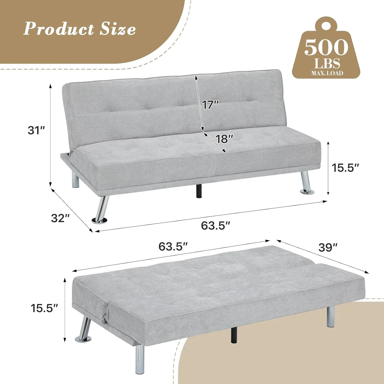 Athena Collection Futon Sofa Bed, Small Folding Futon Couch Bed 5 Position Reclining Adjustable, Convertible Mini Couch Sofa Linen Fabric for Living Room, Bedroom, Apartment, Small Space, Grey