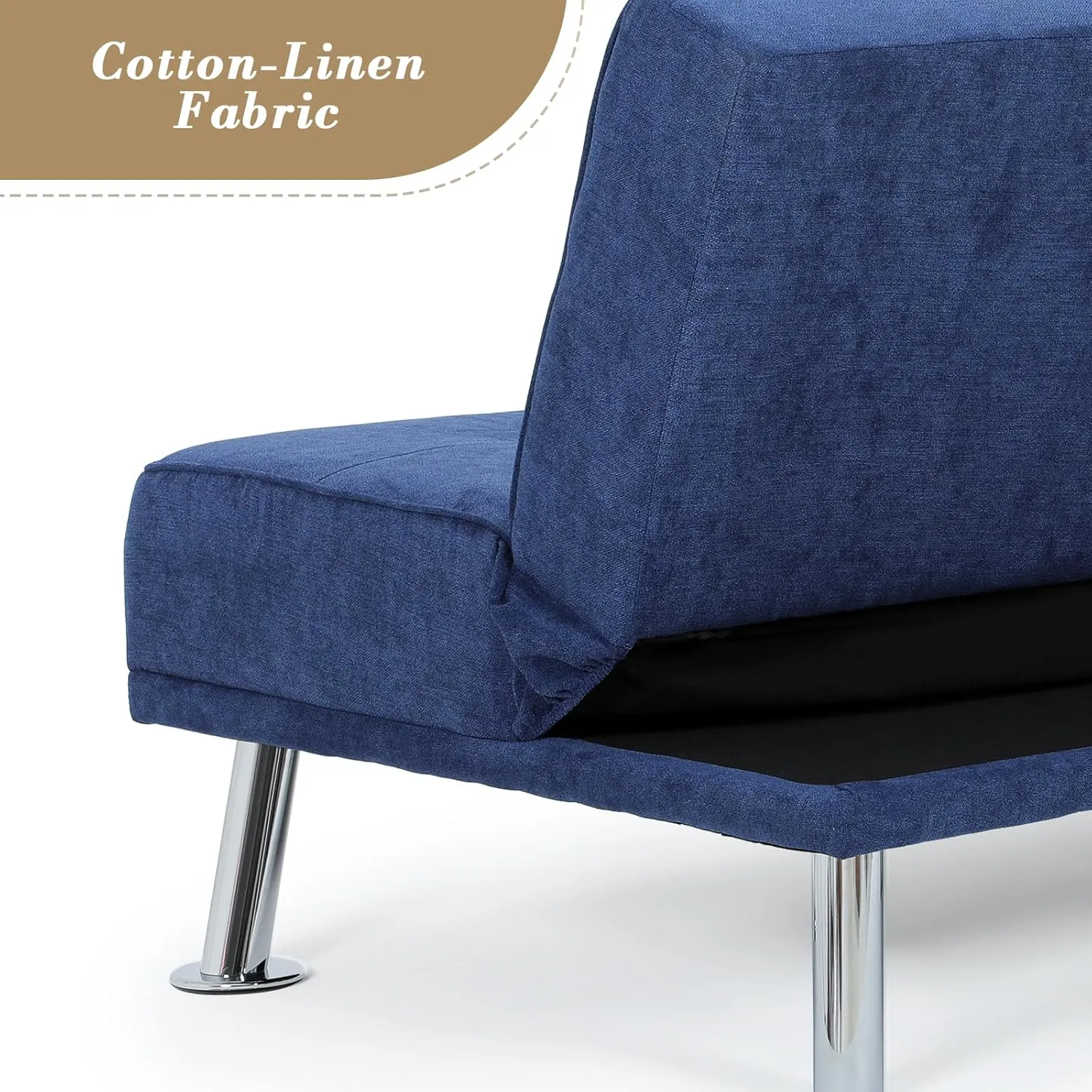 Athena Collection Futon Sofa Bed, Small Folding Futon Couch Bed 6 Position Reclining Adjustable, Convertible Mini Couch Sofa Linen Fabric for Living Room, Bedroom, Apartment, Small Space, Blue