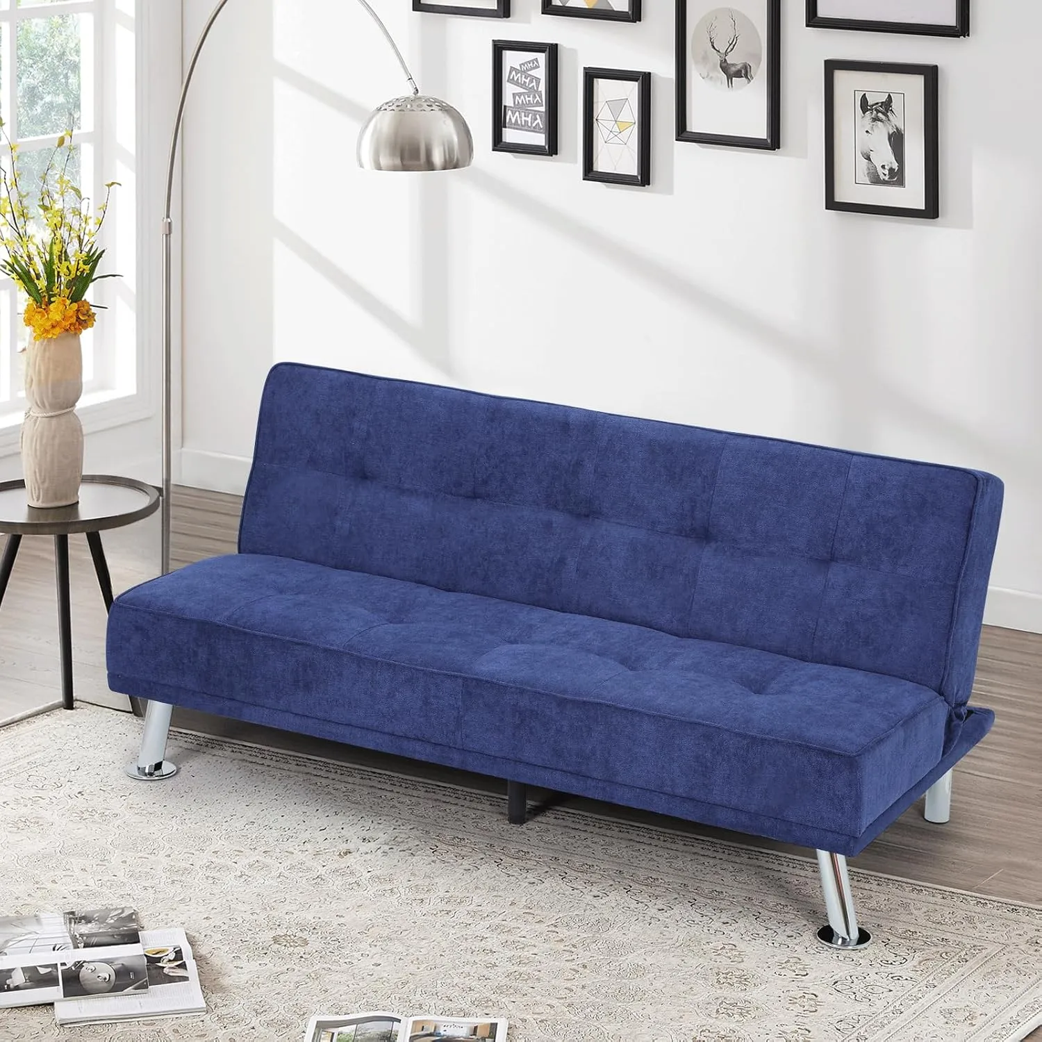 Athena Collection Futon Sofa Bed, Small Folding Futon Couch Bed 6 Position Reclining Adjustable, Convertible Mini Couch Sofa Linen Fabric for Living Room, Bedroom, Apartment, Small Space, Blue