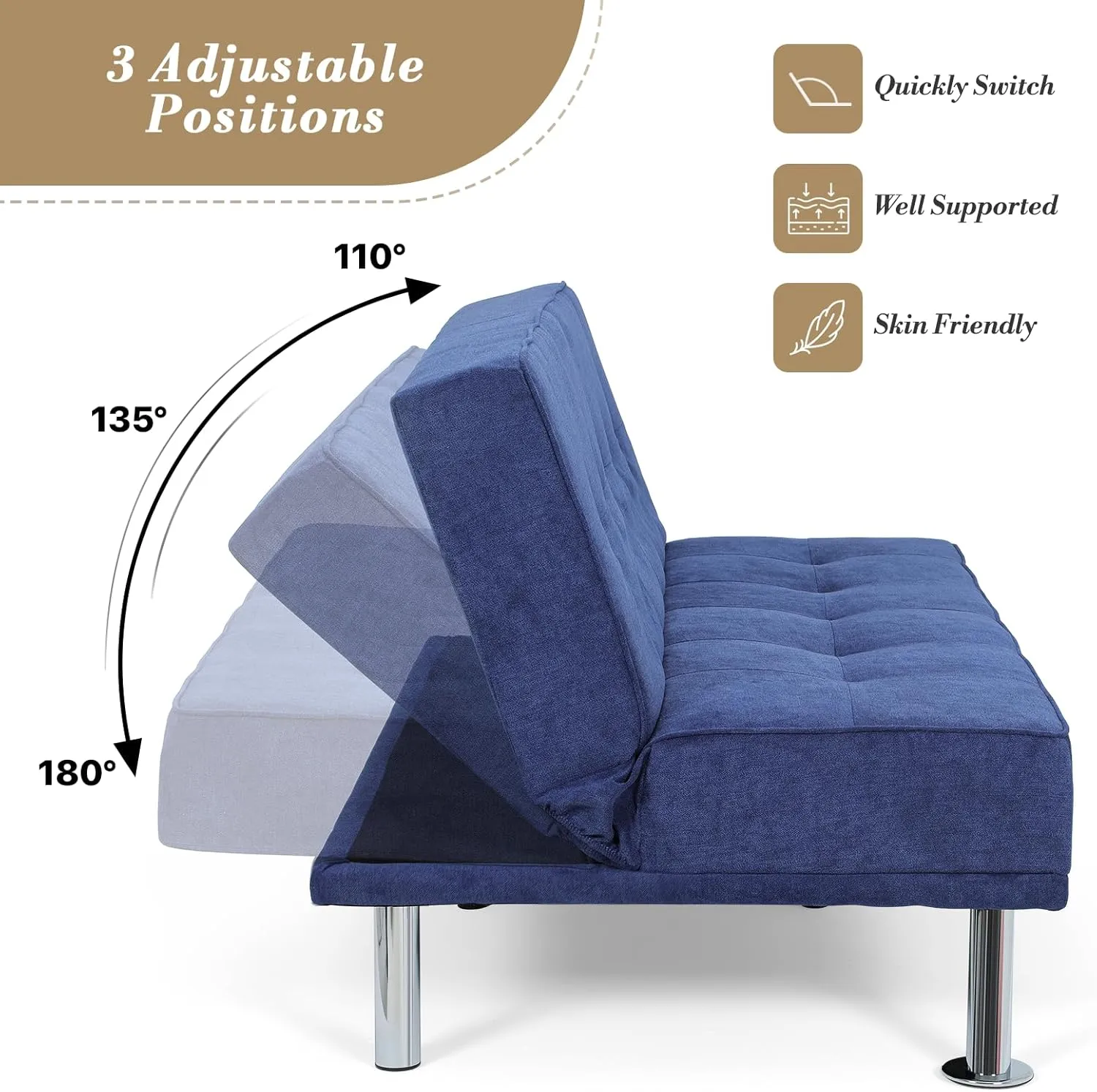 Athena Collection Futon Sofa Bed, Small Folding Futon Couch Bed 6 Position Reclining Adjustable, Convertible Mini Couch Sofa Linen Fabric for Living Room, Bedroom, Apartment, Small Space, Blue