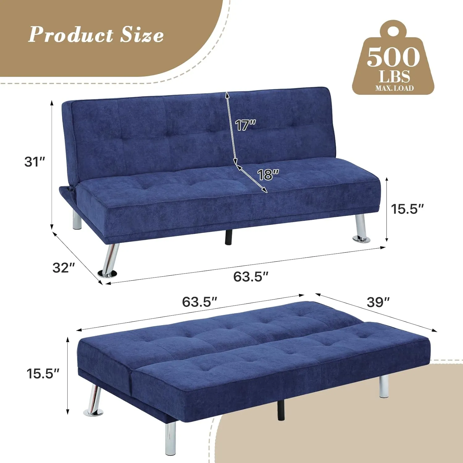 Athena Collection Futon Sofa Bed, Small Folding Futon Couch Bed 6 Position Reclining Adjustable, Convertible Mini Couch Sofa Linen Fabric for Living Room, Bedroom, Apartment, Small Space, Blue