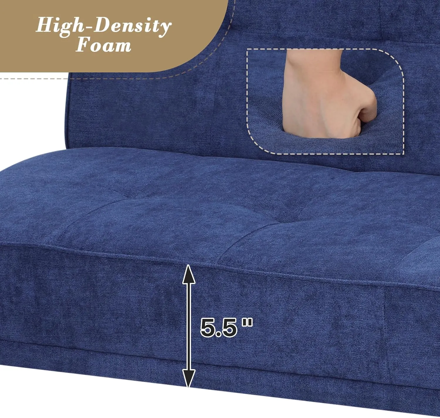 Athena Collection Futon Sofa Bed, Small Folding Futon Couch Bed 6 Position Reclining Adjustable, Convertible Mini Couch Sofa Linen Fabric for Living Room, Bedroom, Apartment, Small Space, Blue