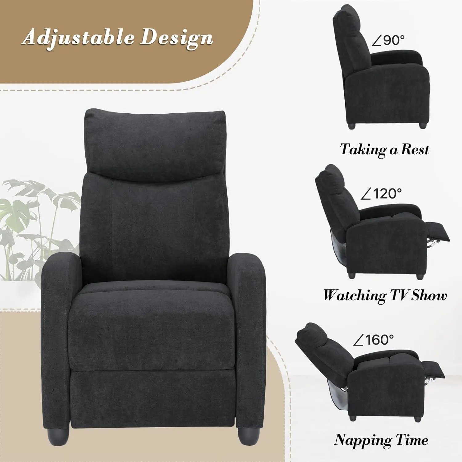 Athena Collection Recliner Chair, Reclining Lounge Chair with Adjustable Backrest and Footrest for Adults, Linen Upholstered Small Recliner Single Sofa for Small Space, Living Room, Bedroom, Black