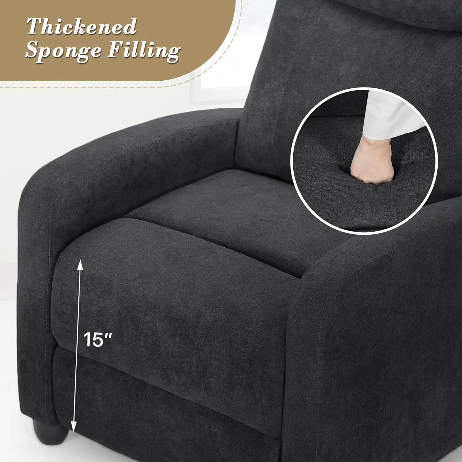 Athena Collection Recliner Chair, Reclining Lounge Chair with Adjustable Backrest and Footrest for Adults, Linen Upholstered Small Recliner Single Sofa for Small Space, Living Room, Bedroom, Black