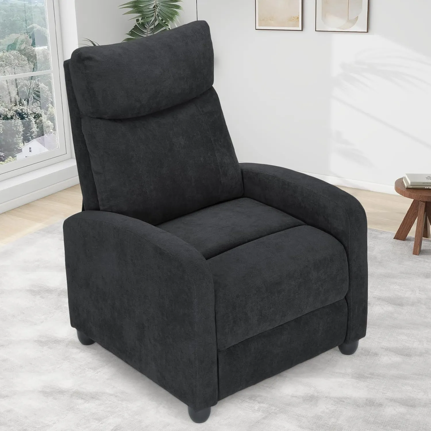 Athena Collection Recliner Chair, Reclining Lounge Chair with Adjustable Backrest and Footrest for Adults, Linen Upholstered Small Recliner Single Sofa for Small Space, Living Room, Bedroom, Black