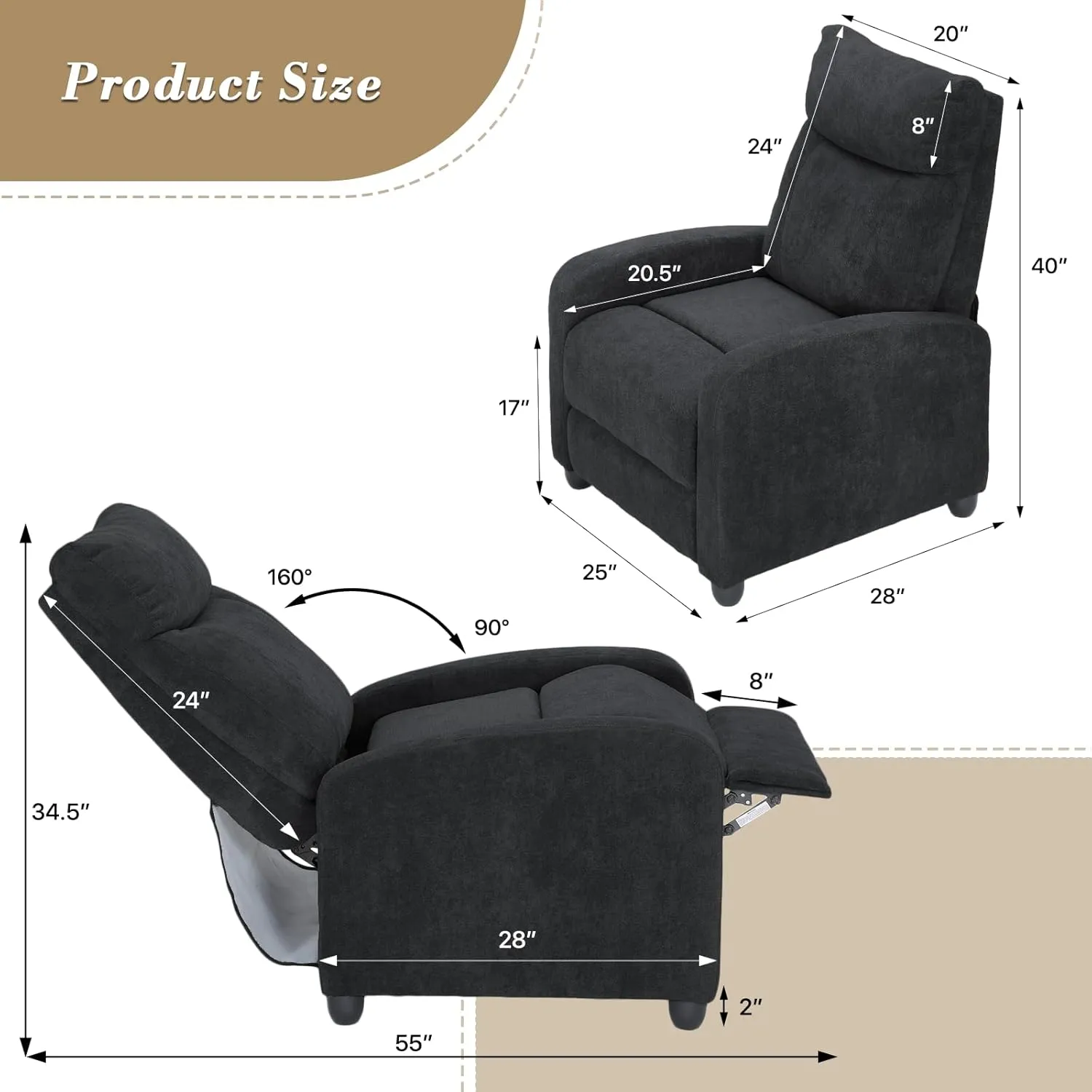 Athena Collection Recliner Chair, Reclining Lounge Chair with Adjustable Backrest and Footrest for Adults, Linen Upholstered Small Recliner Single Sofa for Small Space, Living Room, Bedroom, Black
