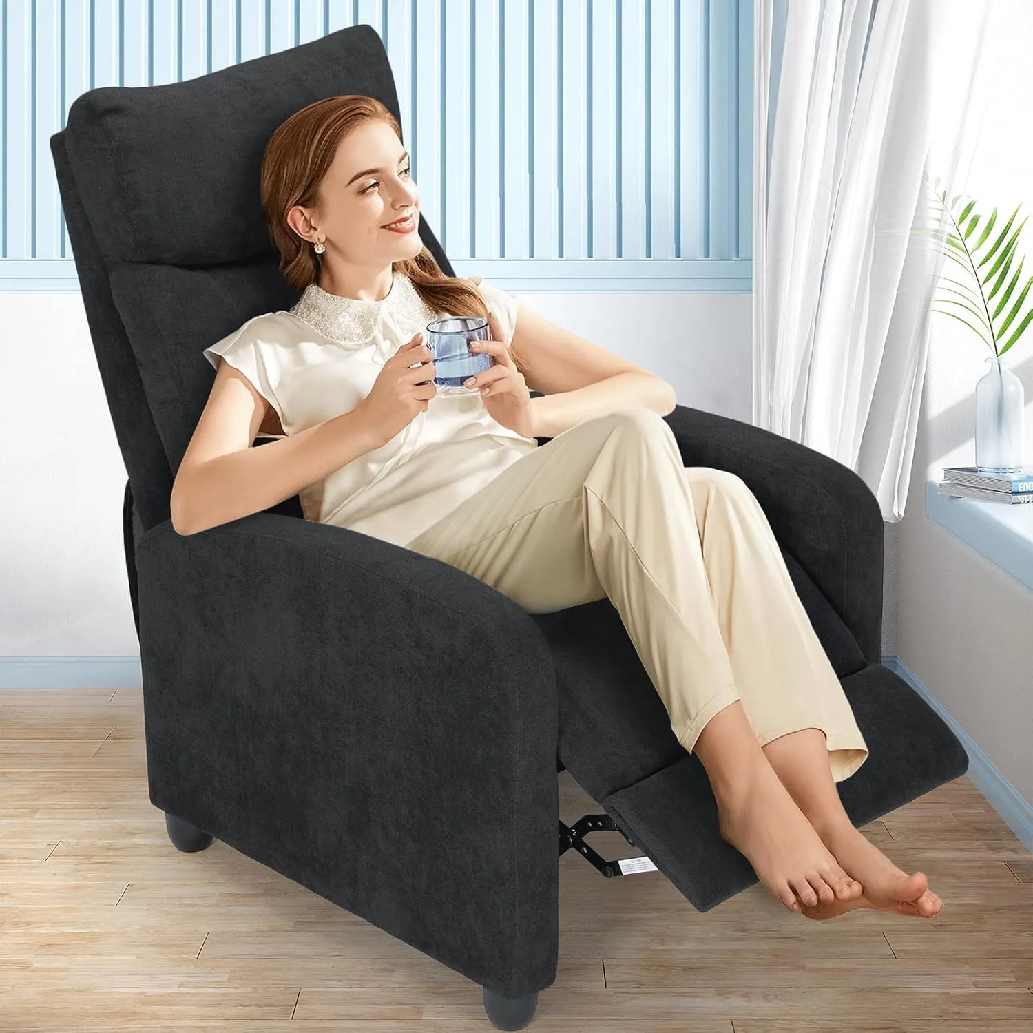 Athena Collection Recliner Chair, Reclining Lounge Chair with Adjustable Backrest and Footrest for Adults, Linen Upholstered Small Recliner Single Sofa for Small Space, Living Room, Bedroom, Black
