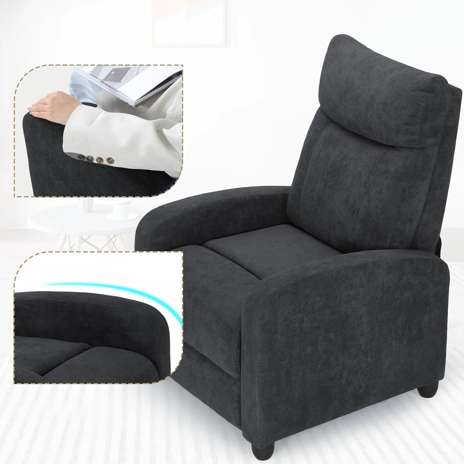Athena Collection Recliner Chair, Reclining Lounge Chair with Adjustable Backrest and Footrest for Adults, Linen Upholstered Small Recliner Single Sofa for Small Space, Living Room, Bedroom, Black