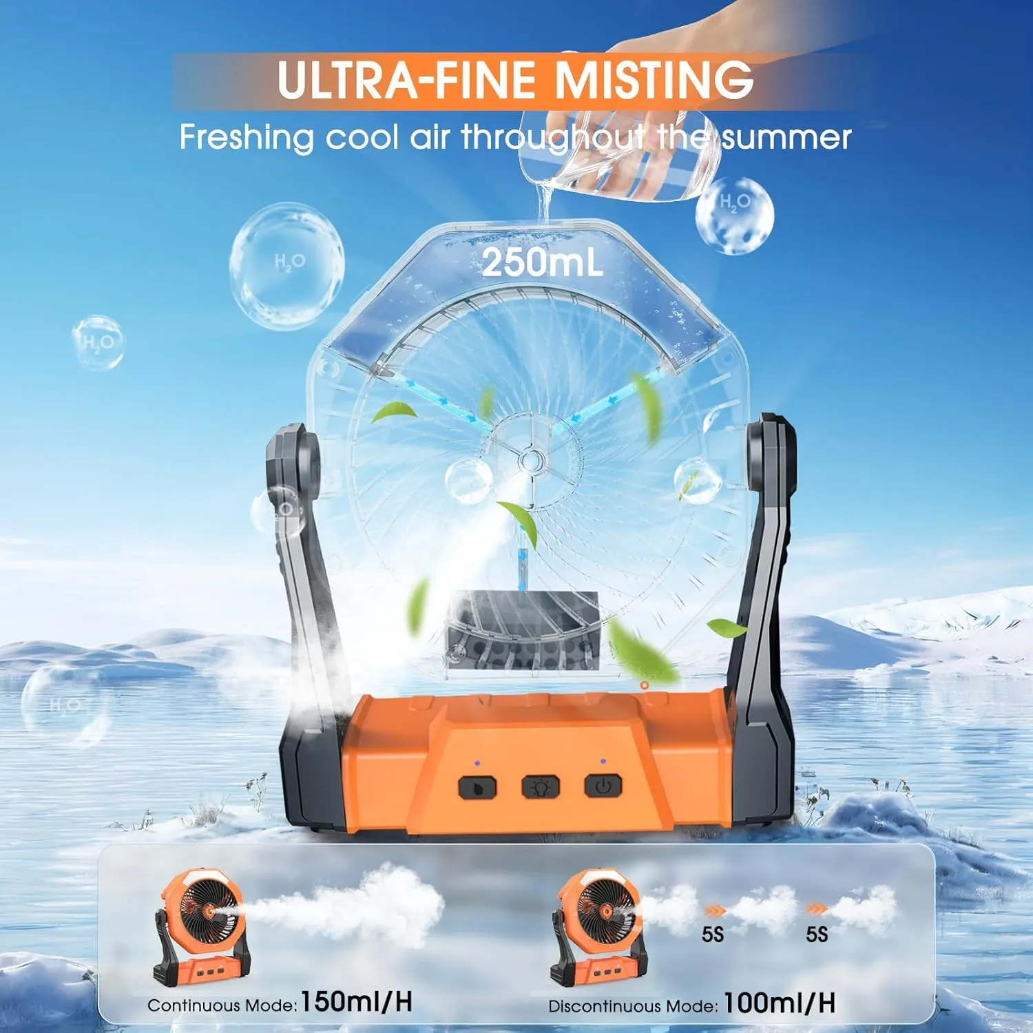Ausic Portable Misting Fan, Outdoor Fans for Patios with Water Mist, 30000mAh Rechargeable Battery Personal Cooling Fan with Mister, 8-Inch, 250mL Water Tank & LED Lantern, for Home, Outside, Camping