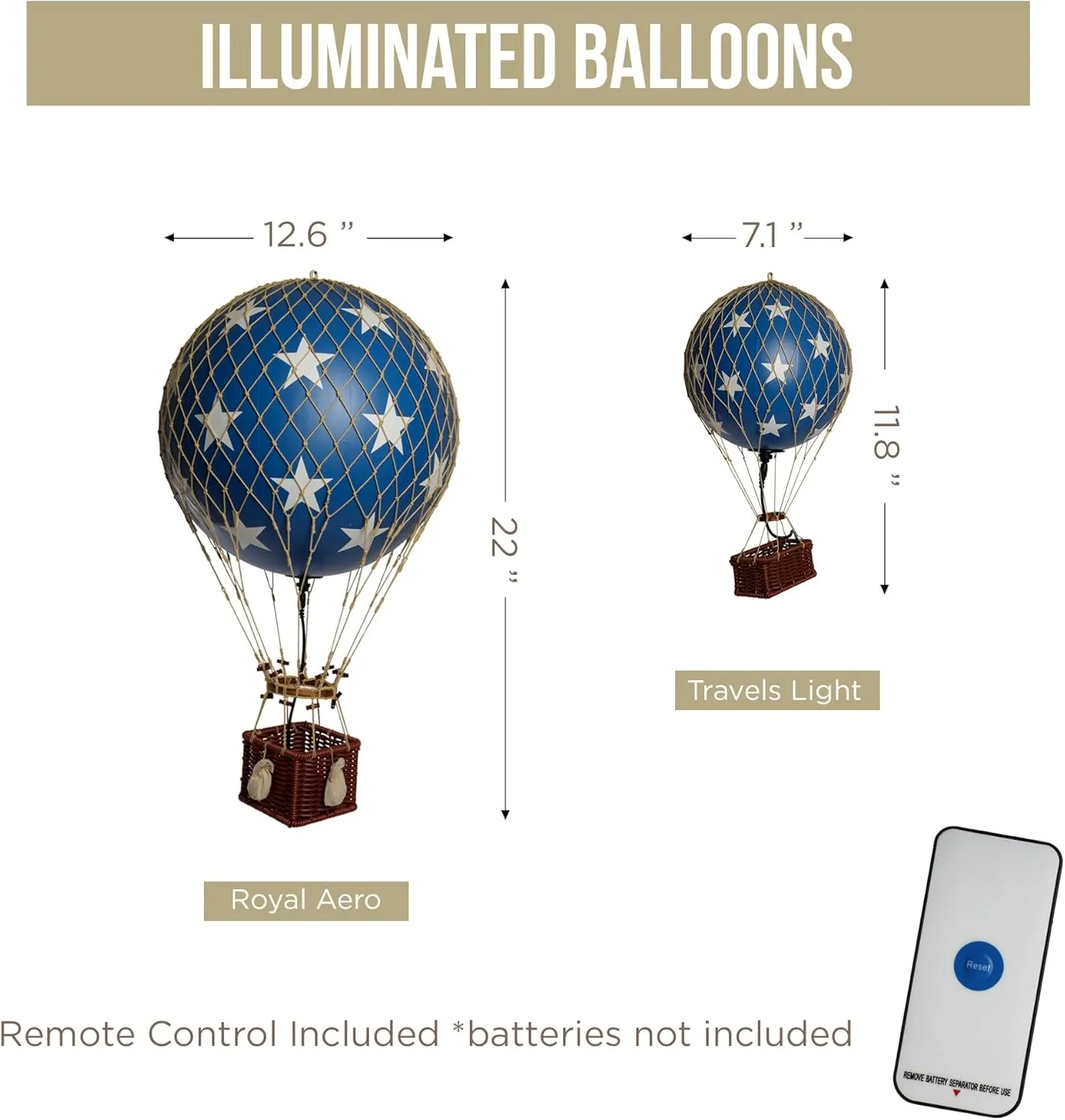 Authentic Models LED Hot Air Balloon Lanterns: Magical Night Sky Decor | Hot Air Balloon Decor | LED Lantern Decor for Enchanting Evenings | Remote Control Included - Royal Aero LED, Blue Stars