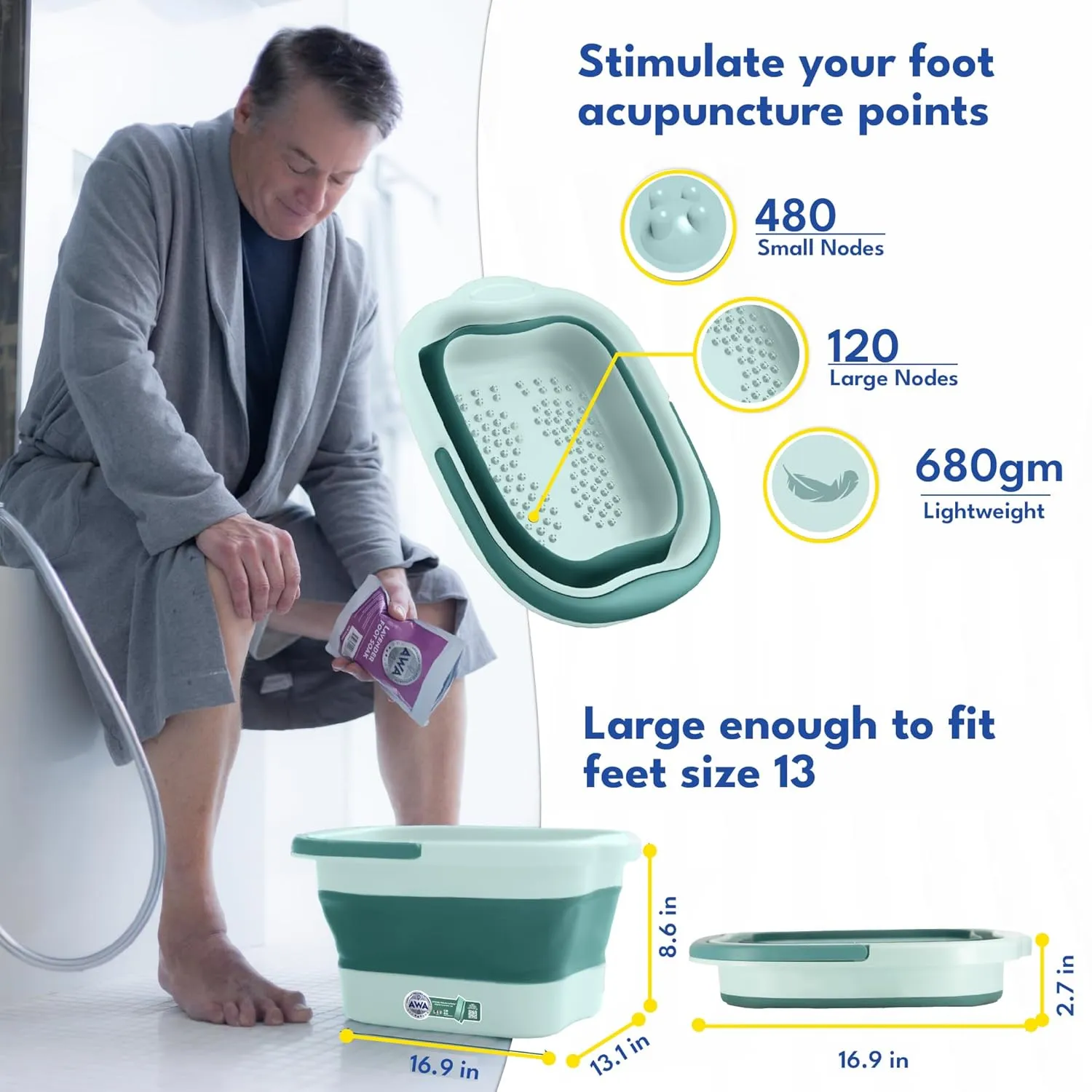 AWA Foot Soaking Tub, Collapsible Foot Bath Soak Tub for Soaking Feet, Pedicure Bowl, Plastic Feet Soaking Tub with Acupressure Massage Points, Foldable Laundry Basket (Teal Foot Tub)