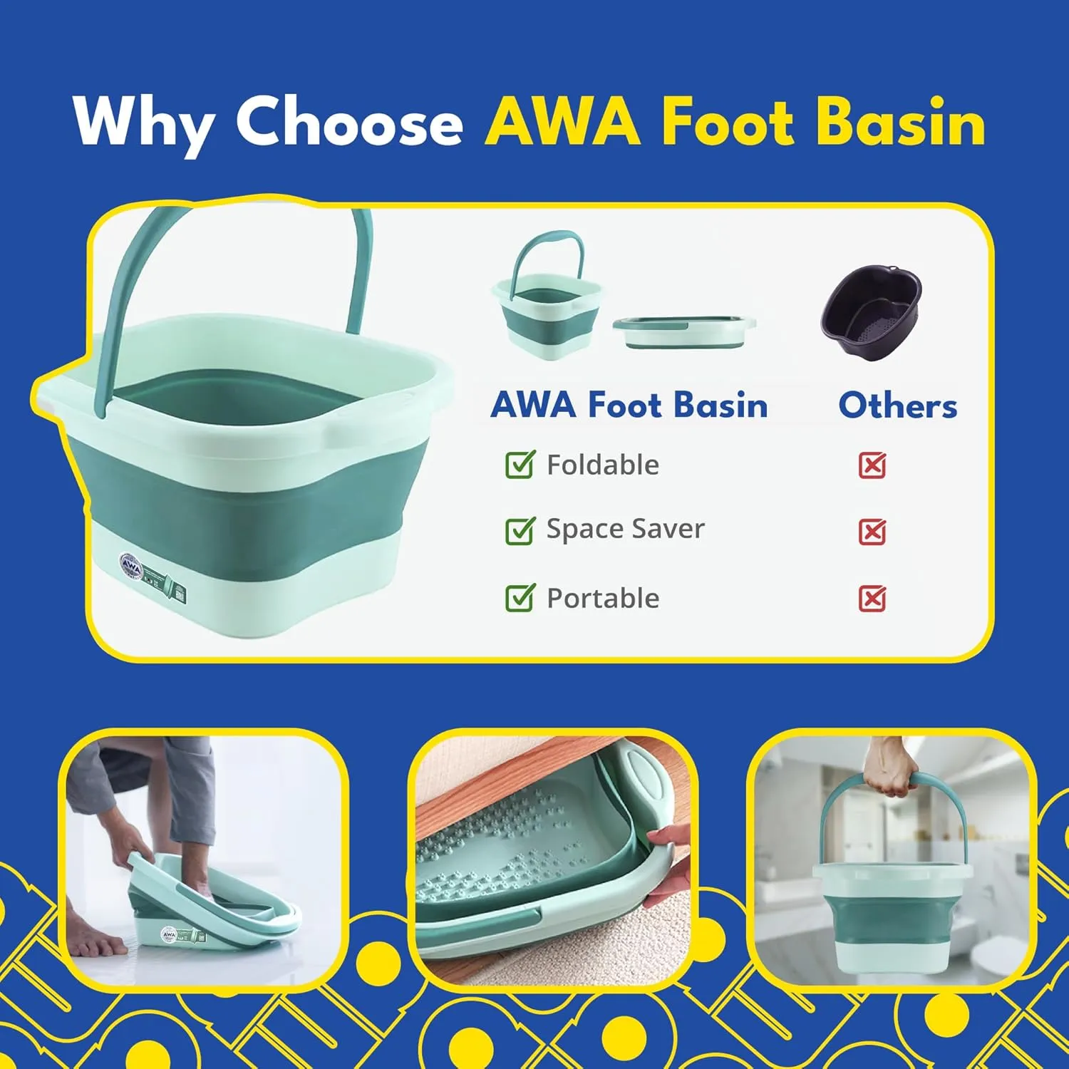 AWA Foot Soaking Tub, Collapsible Foot Bath Soak Tub for Soaking Feet, Pedicure Bowl, Plastic Feet Soaking Tub with Acupressure Massage Points, Foldable Laundry Basket (Teal Foot Tub)