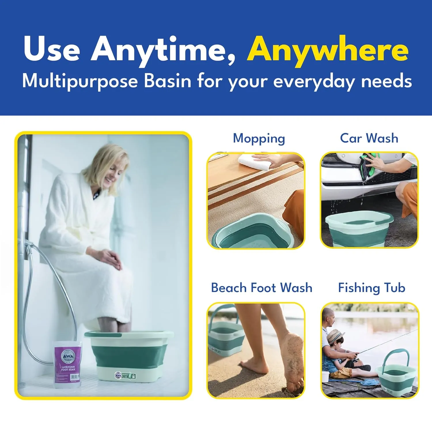 AWA Foot Soaking Tub, Collapsible Foot Bath Soak Tub for Soaking Feet, Pedicure Bowl, Plastic Feet Soaking Tub with Acupressure Massage Points, Foldable Laundry Basket (Teal Foot Tub)