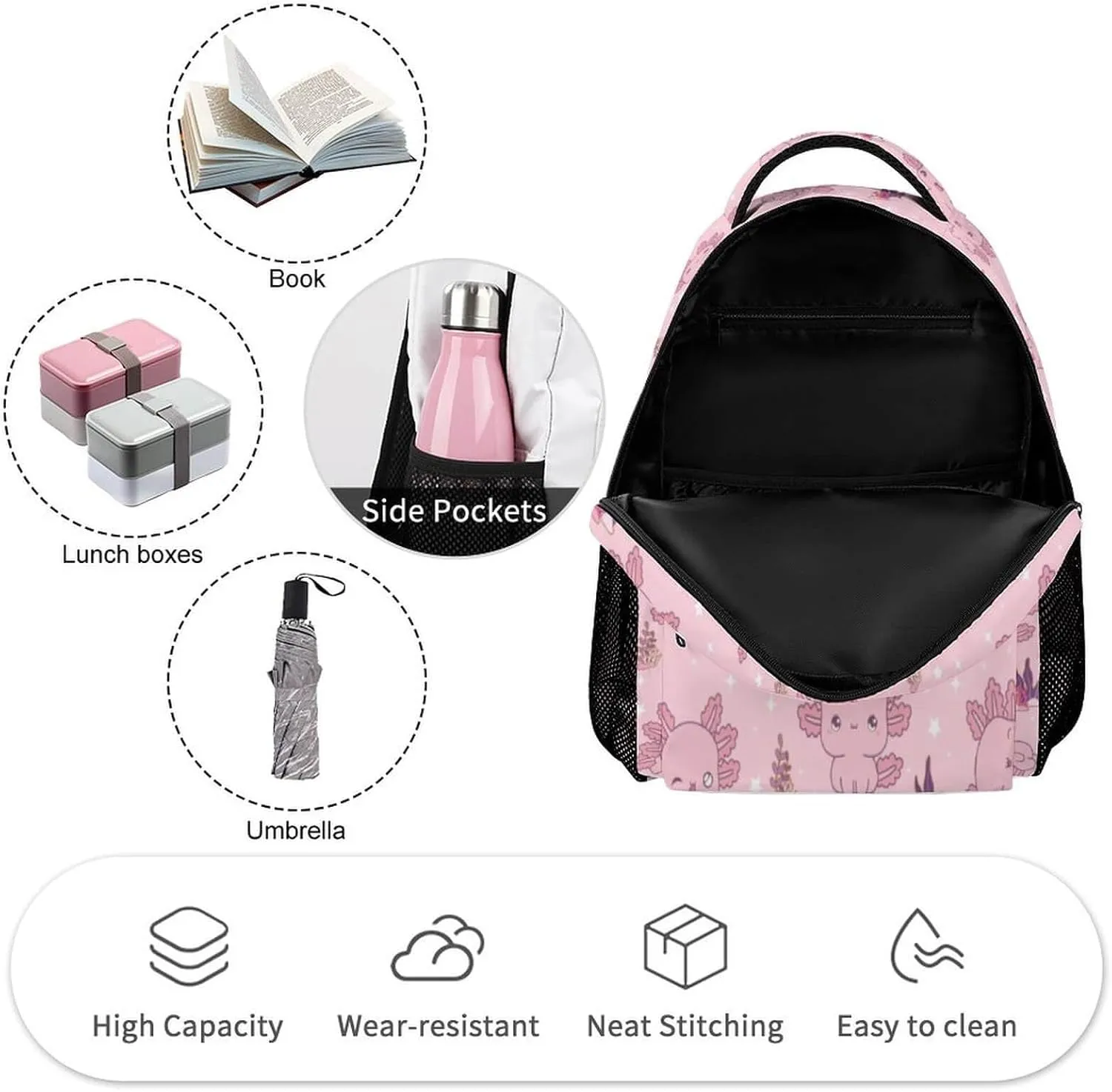 Axolotl School Backpack for Kids Girls Boys, 16 Inch Cute Axolotls Themed Bookbag, Personality School Backpack for Students Children, Lightweight, Large Capacity