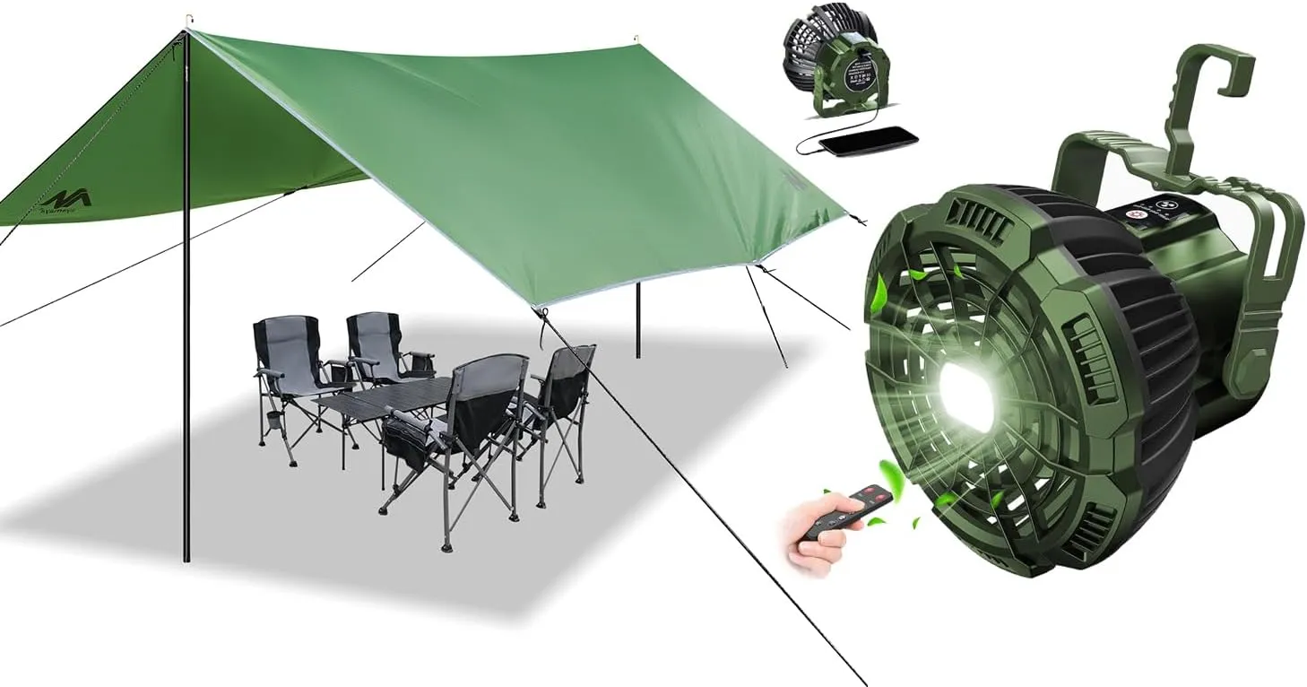 ayamaya Camping Fan   Tarp, Rechargeable Tent Fan with LED Light Remote Control, 10x15 FT Large Waterproof Tarp for Outdoor Camping