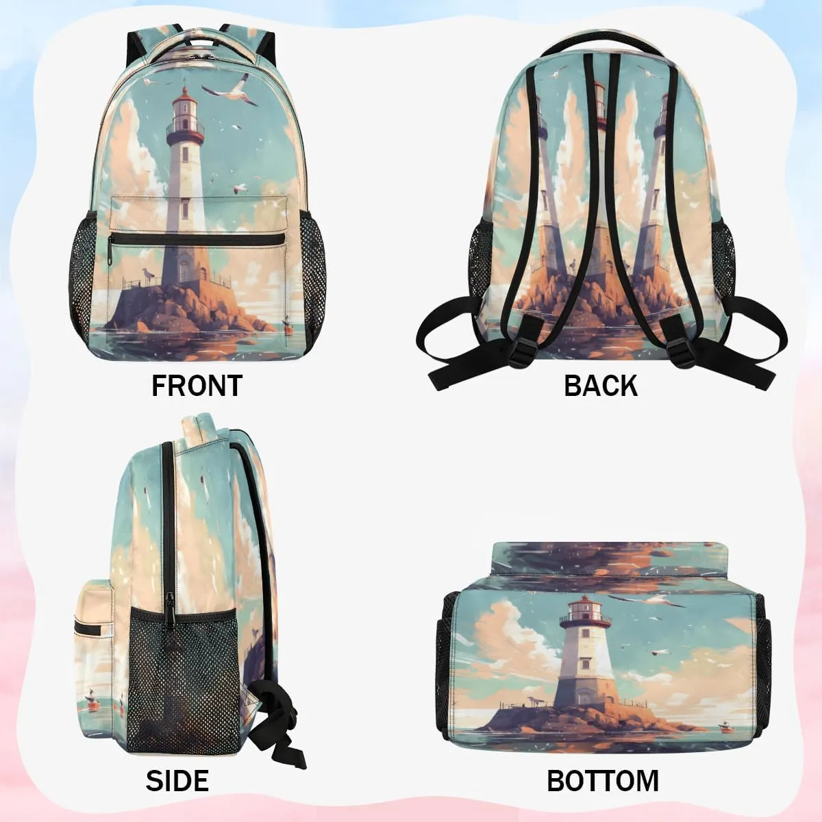 Backpack for Women Men, Lighthouse Seagull Casual Backpacks, Waterproof Lightweight Nautical Lighthouse Daypack Bags for Travel Camping Work