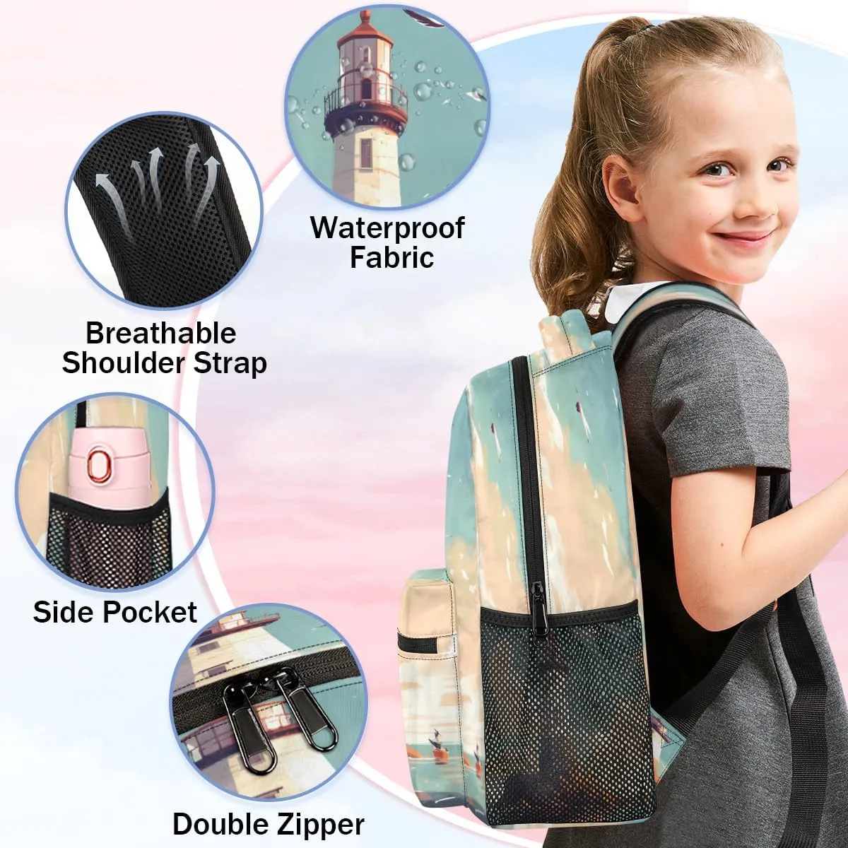 Backpack for Women Men, Lighthouse Seagull Casual Backpacks, Waterproof Lightweight Nautical Lighthouse Daypack Bags for Travel Camping Work