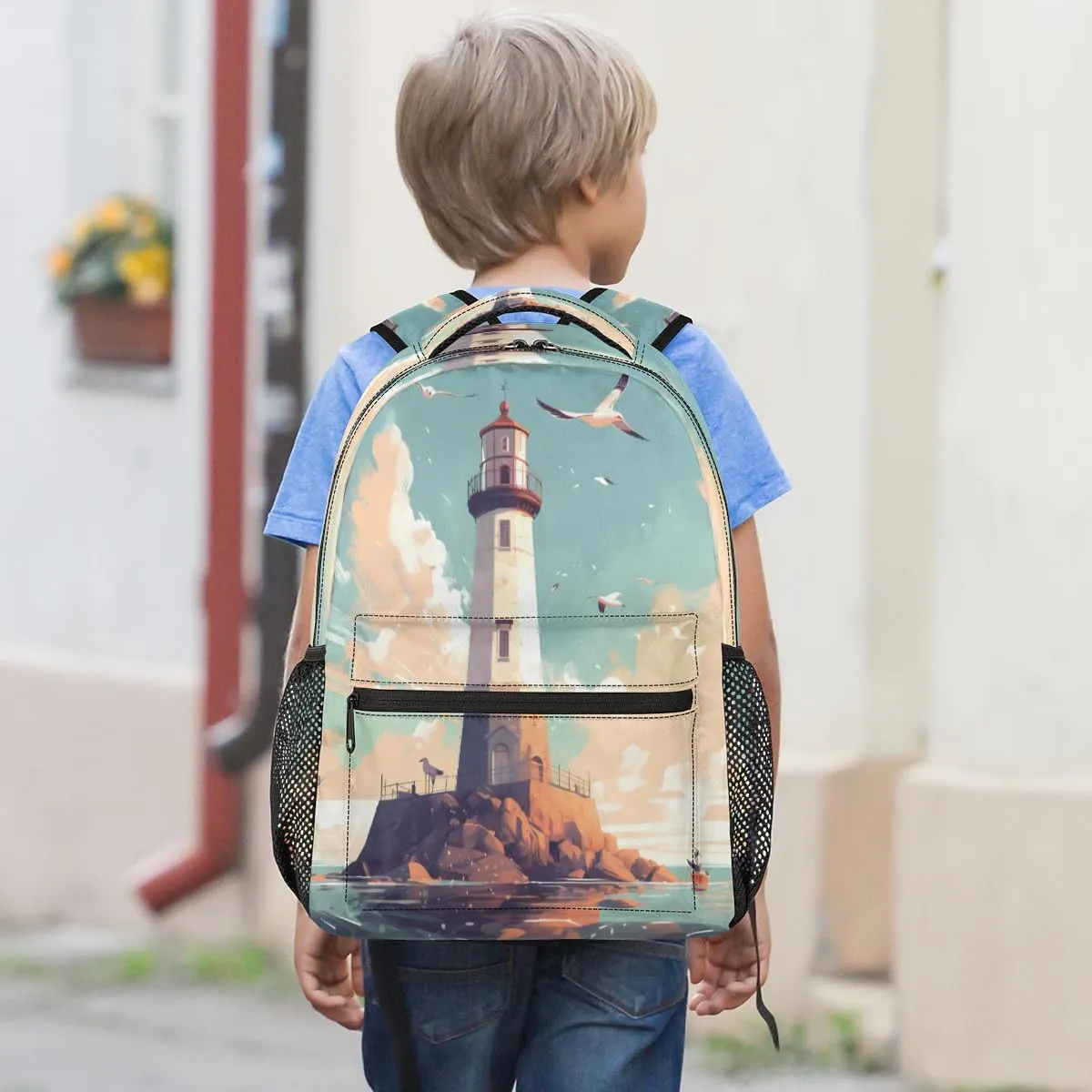 Backpack for Women Men, Lighthouse Seagull Casual Backpacks, Waterproof Lightweight Nautical Lighthouse Daypack Bags for Travel Camping Work
