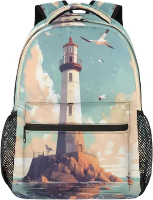 Backpack for Women Men, Lighthouse Seagull Casual Backpacks, Waterproof Lightweight Nautical Lighthouse Daypack Bags for Travel Camping Work