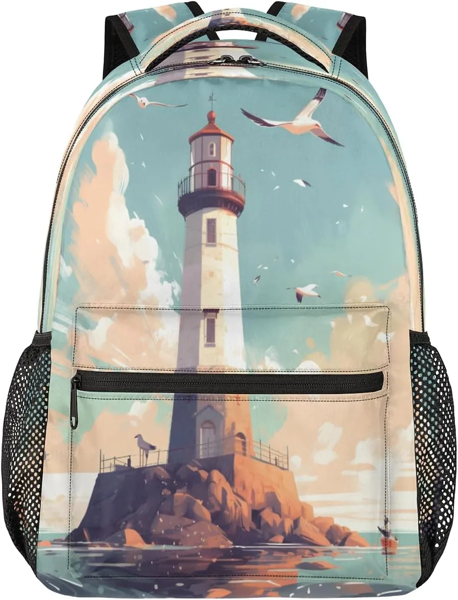 Backpack for Women Men, Lighthouse Seagull Casual Backpacks, Waterproof Lightweight Nautical Lighthouse Daypack Bags for Travel Camping Work