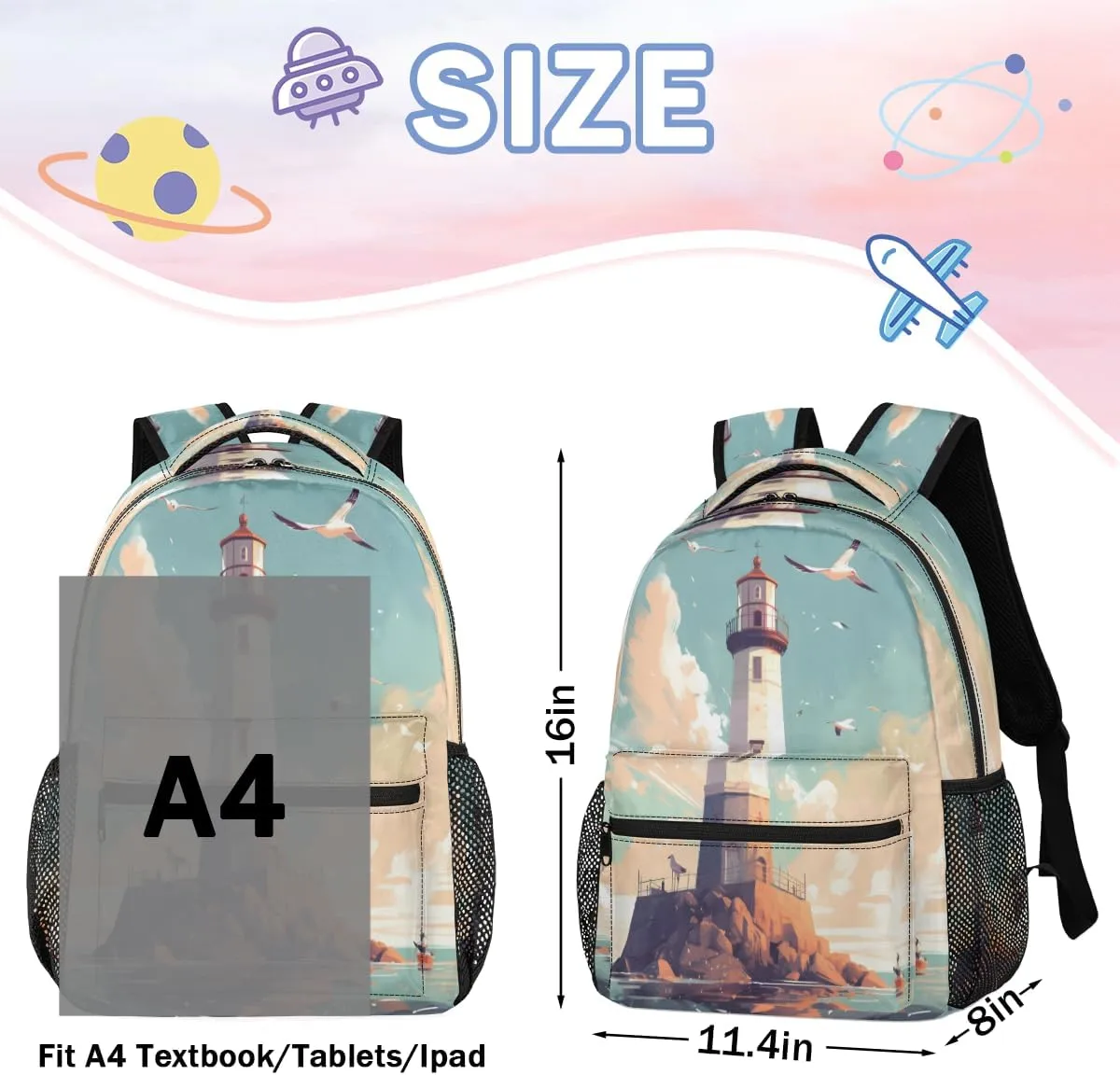 Backpack for Women Men, Lighthouse Seagull Casual Backpacks, Waterproof Lightweight Nautical Lighthouse Daypack Bags for Travel Camping Work