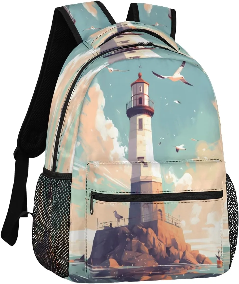 Backpack for Women Men, Lighthouse Seagull Casual Backpacks, Waterproof Lightweight Nautical Lighthouse Daypack Bags for Travel Camping Work