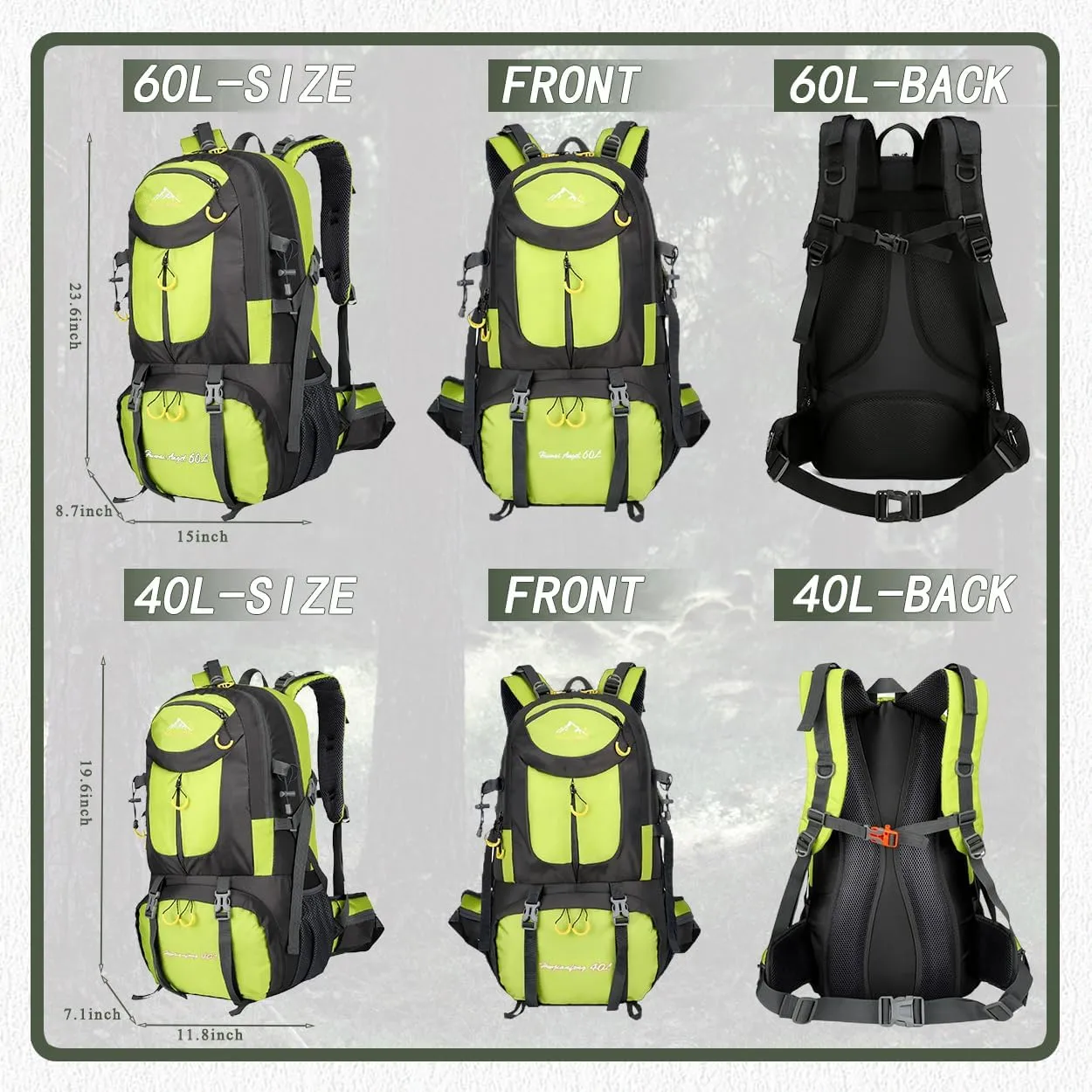 Backpack Hiking Camping Backpack Daypack 40L 50L 60L Water Resistant Lightweight Travel Backpack For Wemen Men (Fluorescent Green, 40L)