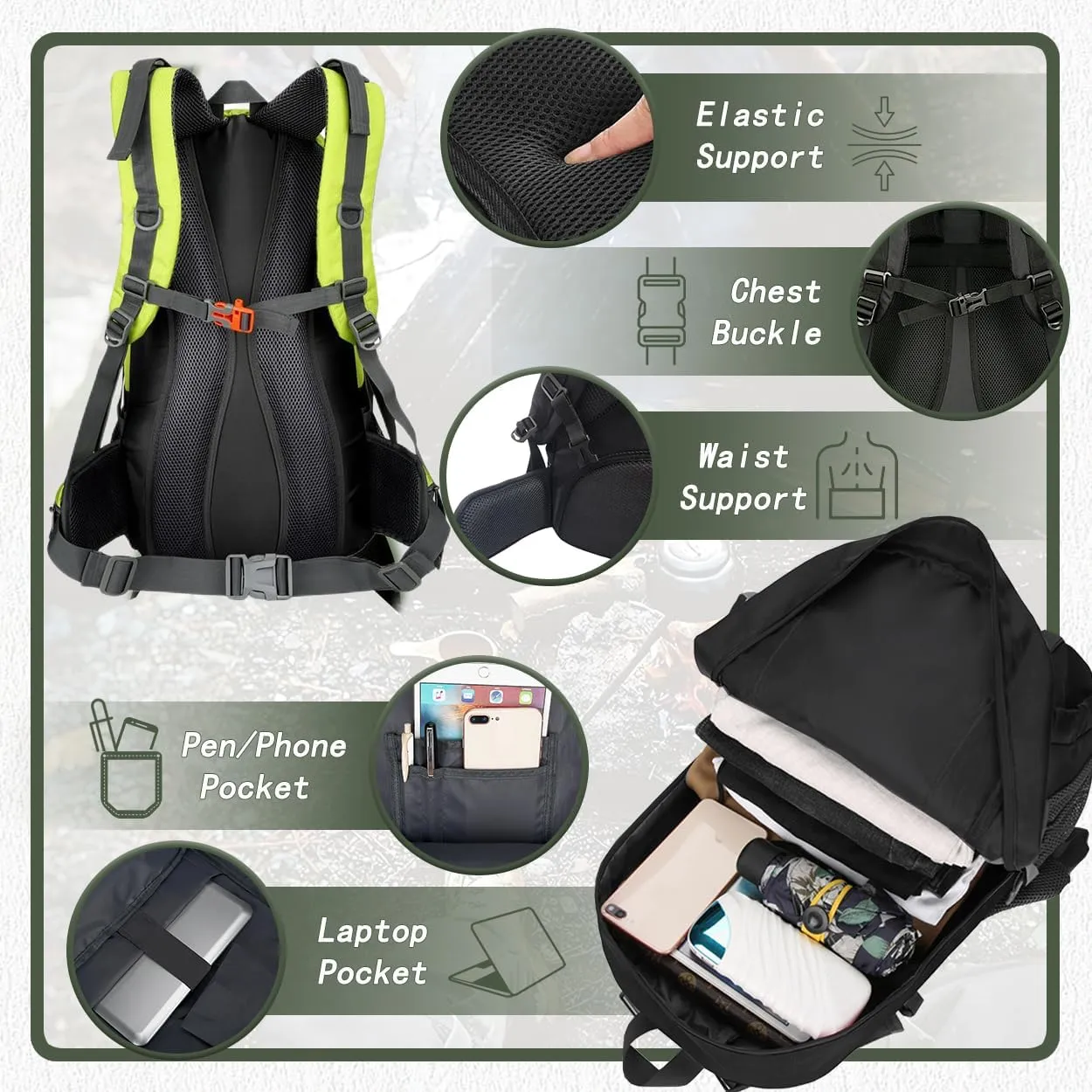 Backpack Hiking Camping Backpack Daypack 40L 50L 60L Water Resistant Lightweight Travel Backpack For Wemen Men (Fluorescent Green, 40L)