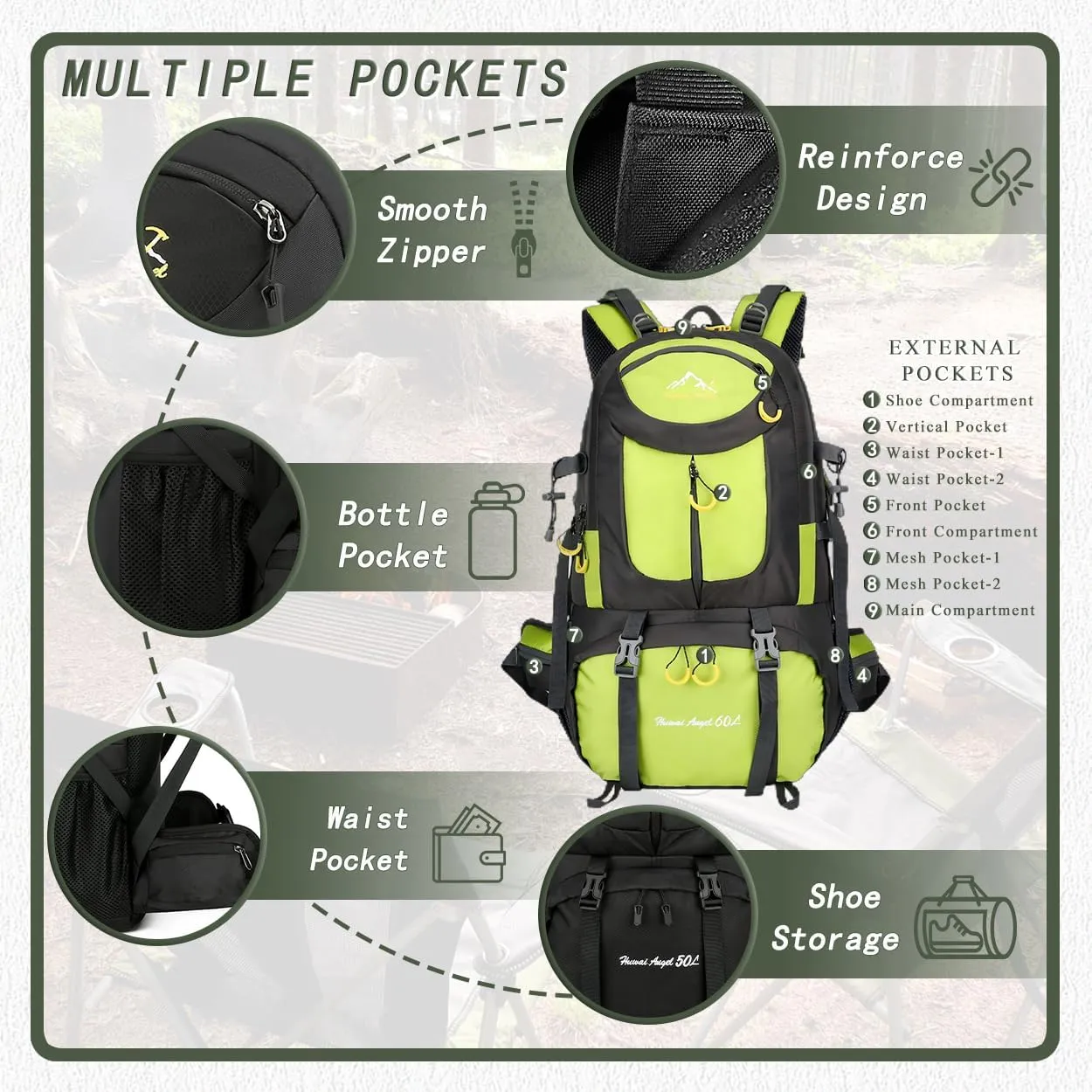 Backpack Hiking Camping Backpack Daypack 40L 50L 60L Water Resistant Lightweight Travel Backpack For Wemen Men (Fluorescent Green, 40L)