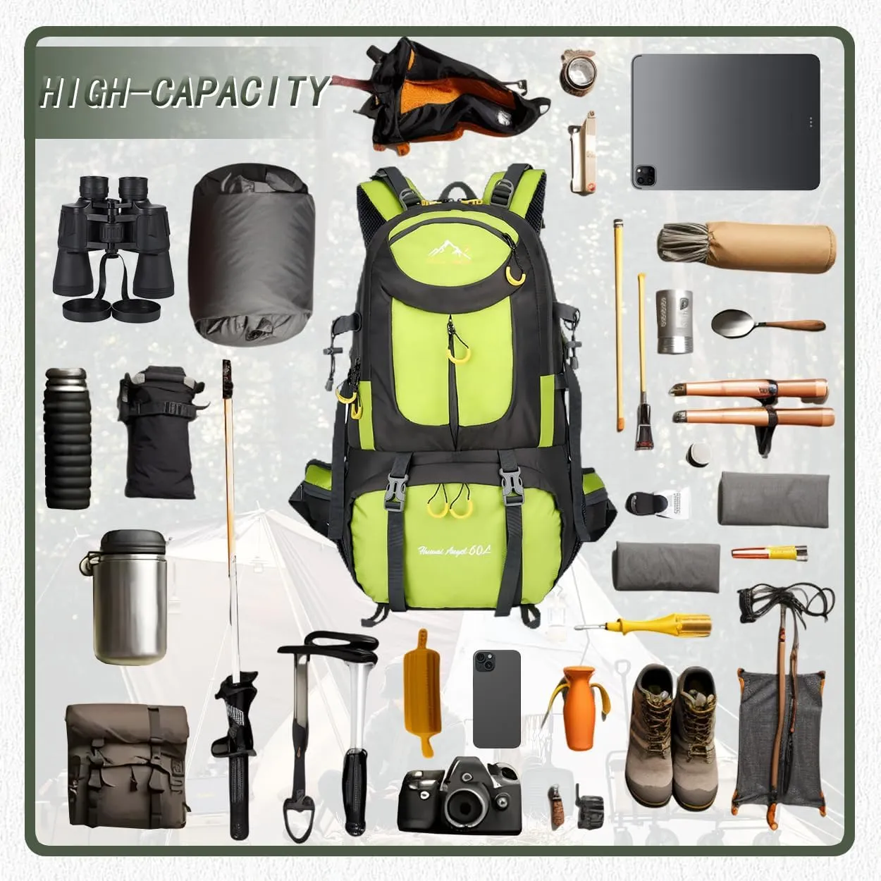 Backpack Hiking Camping Backpack Daypack 40L 50L 60L Water Resistant Lightweight Travel Backpack For Wemen Men (Fluorescent Green, 40L)