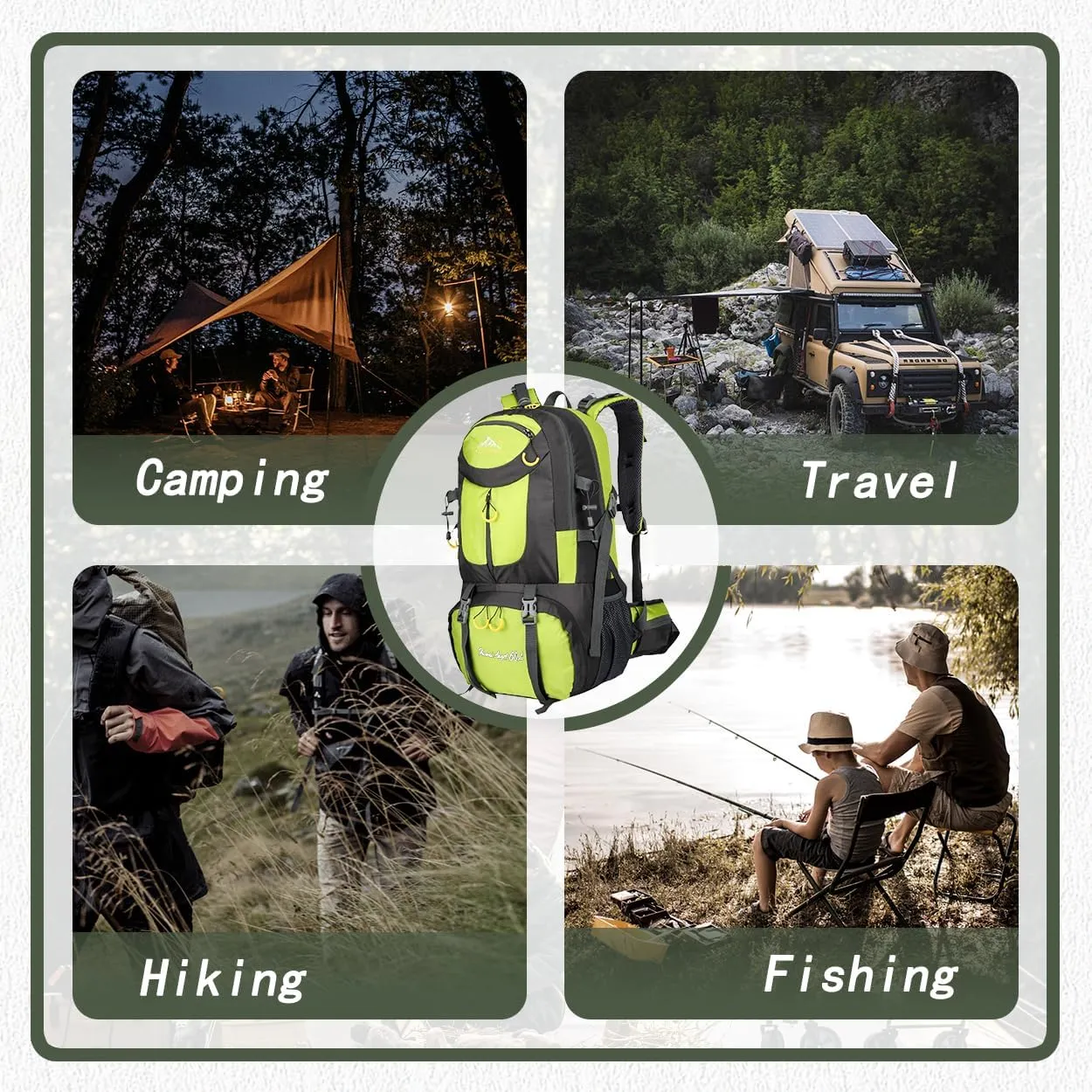 Backpack Hiking Camping Backpack Daypack 40L 50L 60L Water Resistant Lightweight Travel Backpack For Wemen Men (Fluorescent Green, 40L)