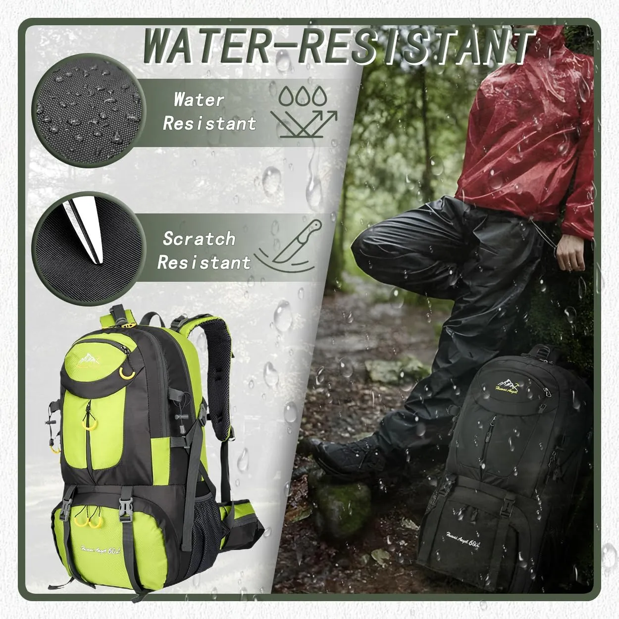 Backpack Hiking Camping Backpack Daypack 40L 50L 60L Water Resistant Lightweight Travel Backpack For Wemen Men (Fluorescent Green, 40L)