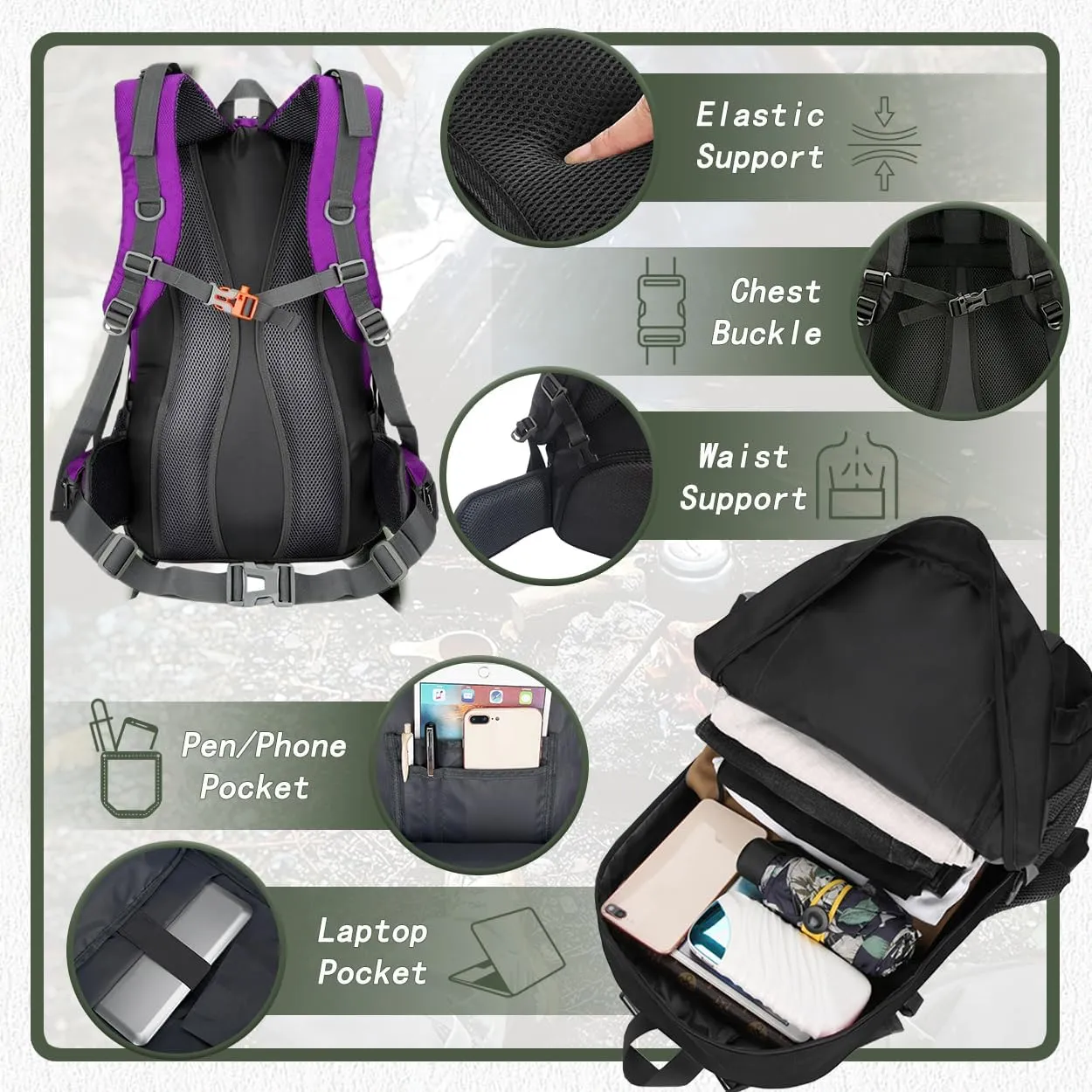 Backpack Hiking Camping Backpack Daypack 40L 50L 60L Water Resistant Lightweight Travel Backpack For Wemen Men (Purple, 40L)