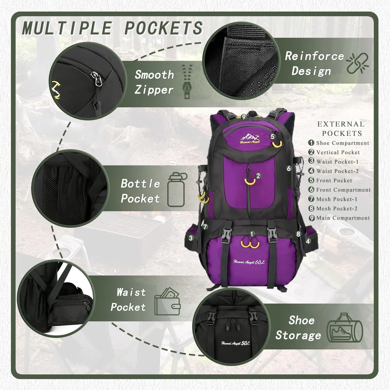 Backpack Hiking Camping Backpack Daypack 40L 50L 60L Water Resistant Lightweight Travel Backpack For Wemen Men (Purple, 40L)