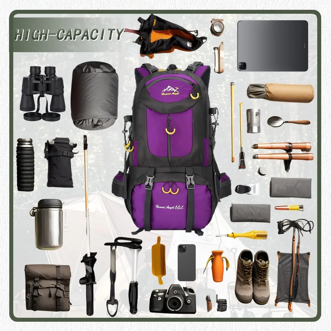 Backpack Hiking Camping Backpack Daypack 40L 50L 60L Water Resistant Lightweight Travel Backpack For Wemen Men (Purple, 40L)