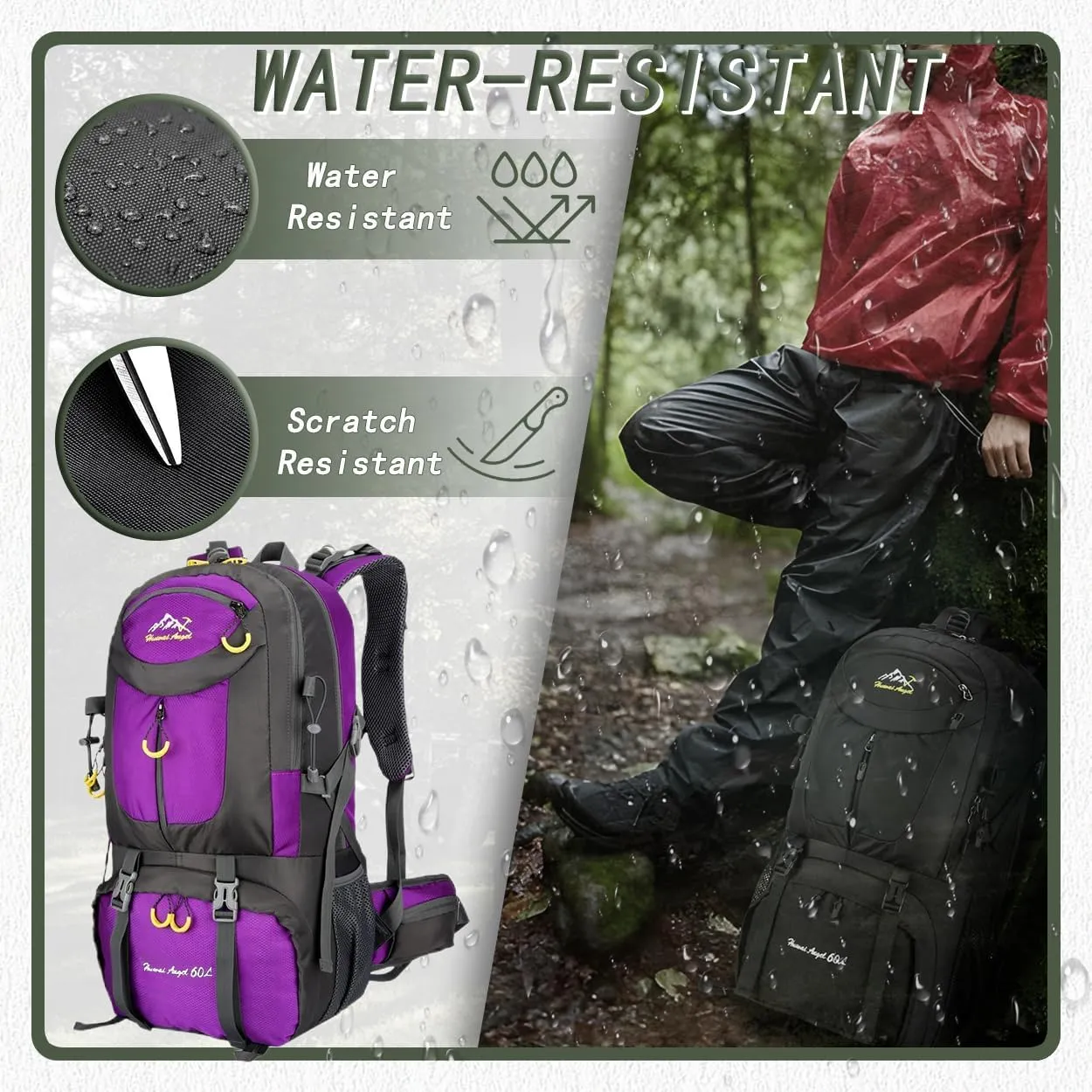 Backpack Hiking Camping Backpack Daypack 40L 50L 60L Water Resistant Lightweight Travel Backpack For Wemen Men (Purple, 40L)