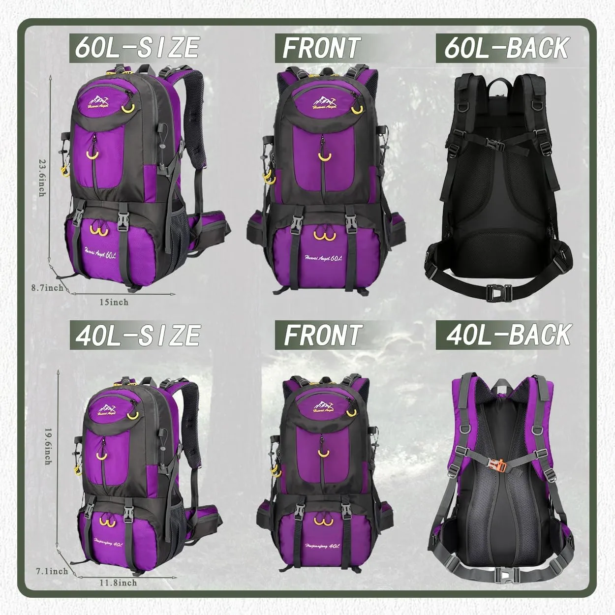 Backpack Hiking Camping Backpack Daypack 40L 50L 60L Water Resistant Lightweight Travel Backpack For Wemen Men (Purple, 40L)