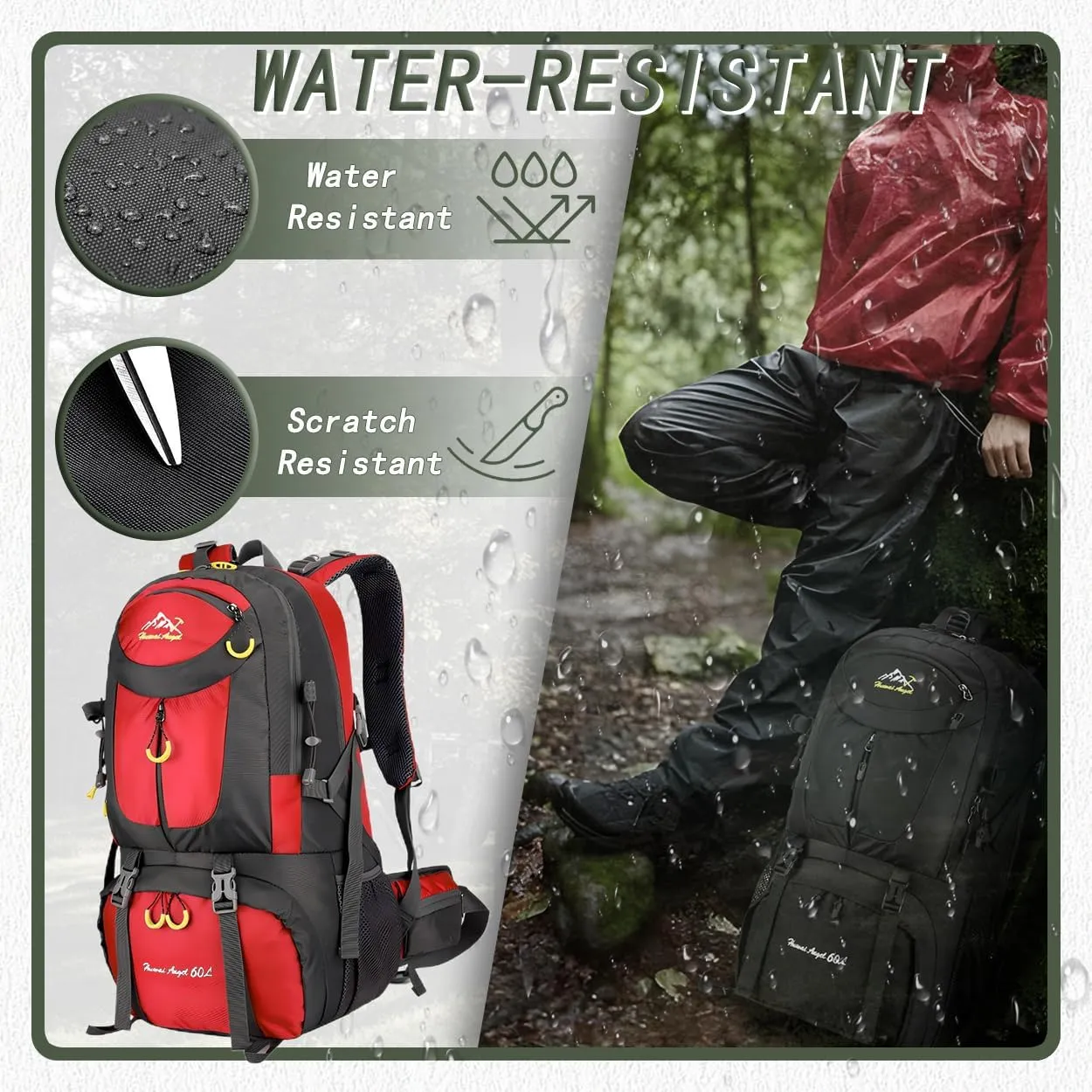 Backpack Hiking Camping Backpack Daypack 40L 50L 60L Water Resistant Lightweight Travel Backpack For Wemen Men (Red, 40L)