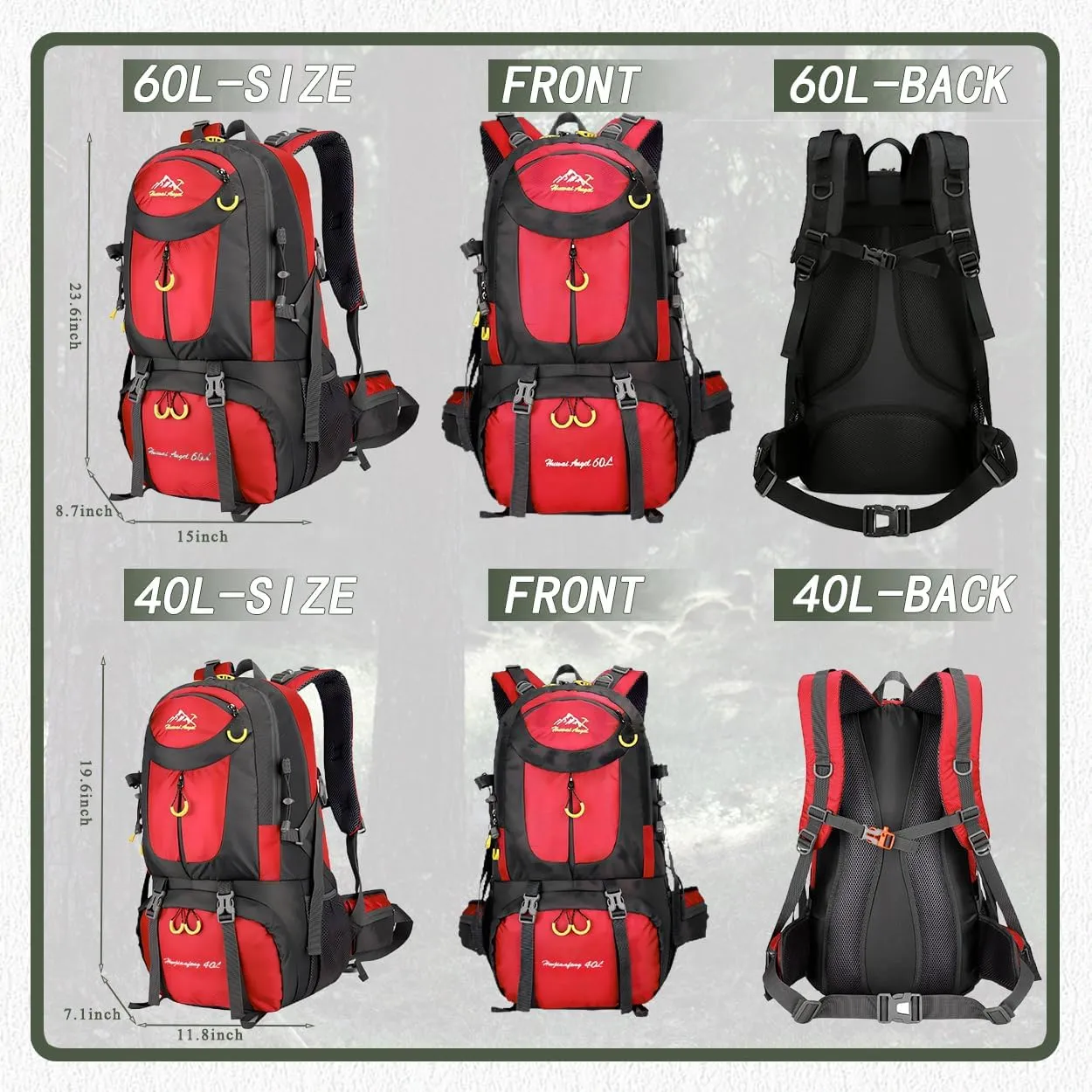 Backpack Hiking Camping Backpack Daypack 40L 50L 60L Water Resistant Lightweight Travel Backpack For Wemen Men (Red, 40L)