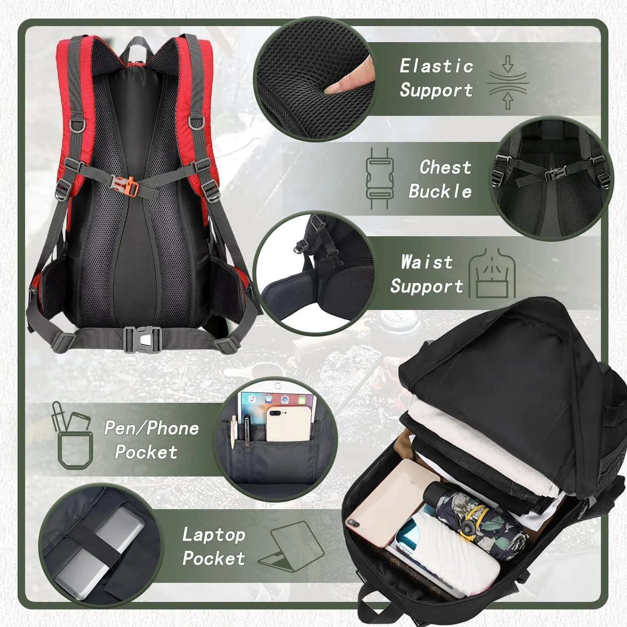 Backpack Hiking Camping Backpack Daypack 40L 50L 60L Water Resistant Lightweight Travel Backpack For Wemen Men (Red, 40L)