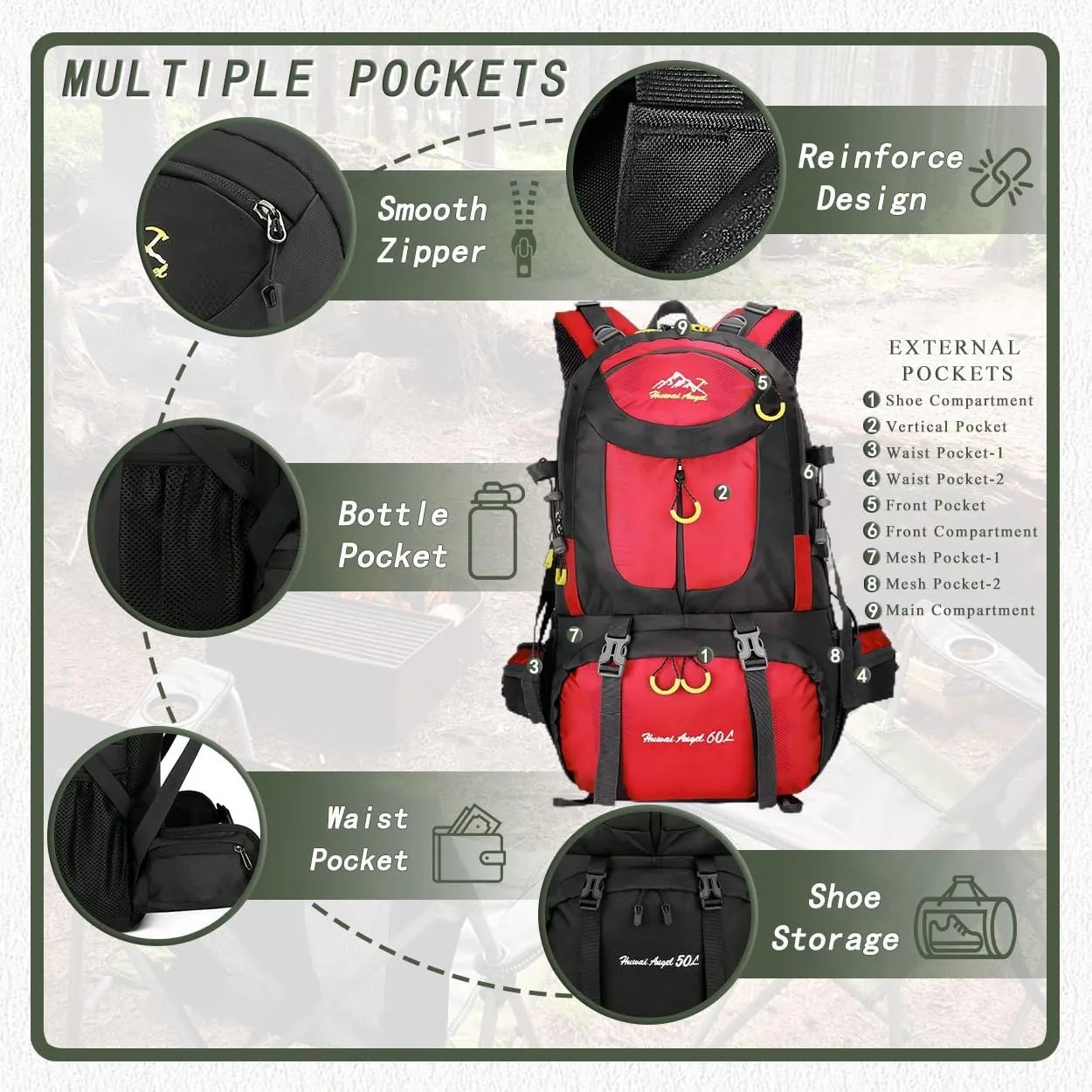 Backpack Hiking Camping Backpack Daypack 40L 50L 60L Water Resistant Lightweight Travel Backpack For Wemen Men (Red, 40L)