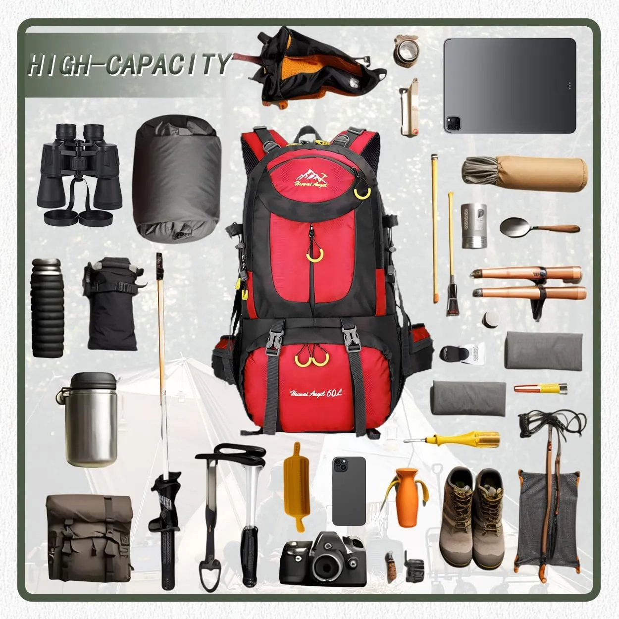 Backpack Hiking Camping Backpack Daypack 40L 50L 60L Water Resistant Lightweight Travel Backpack For Wemen Men (Red, 40L)