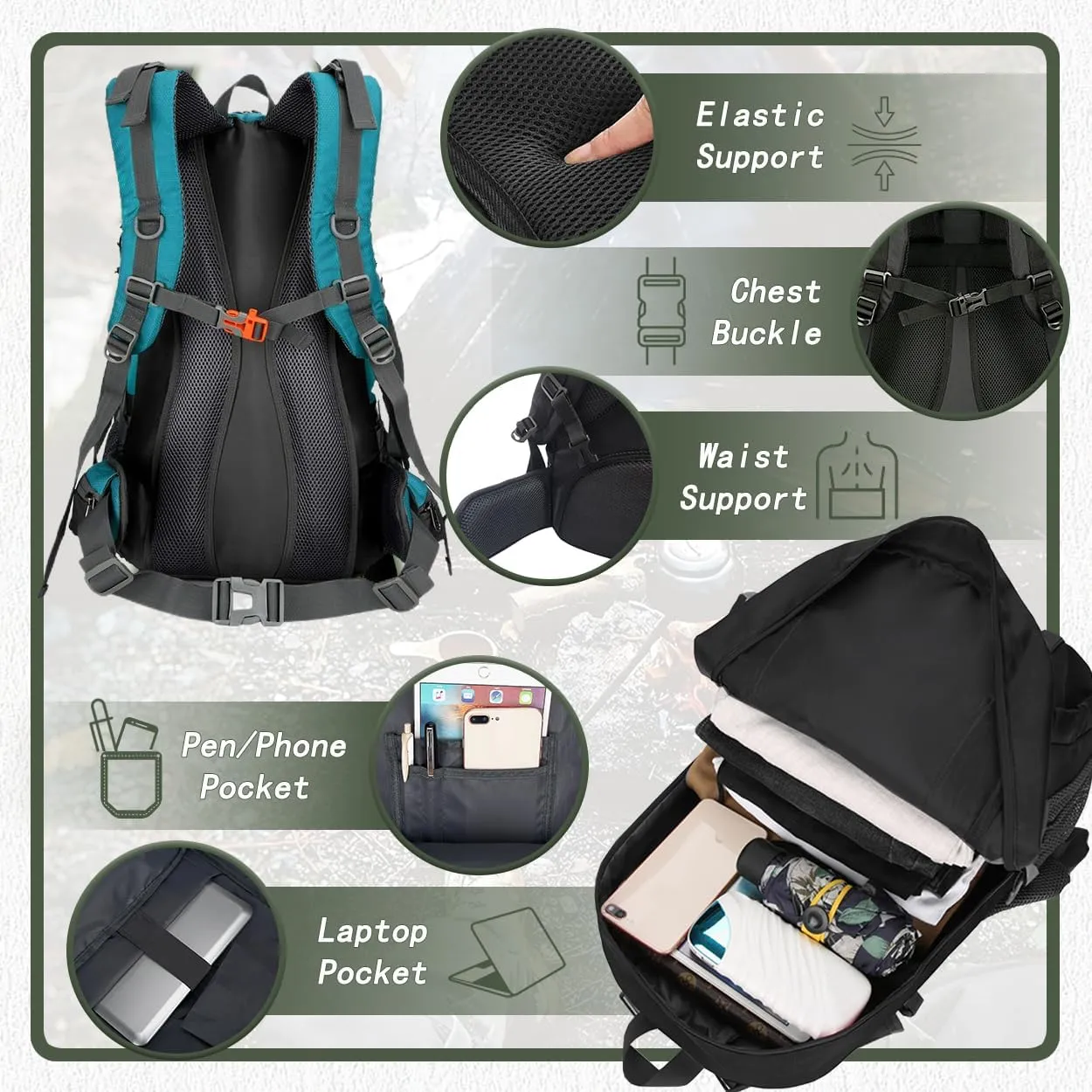 Backpack Hiking Camping Backpack Daypack 40L 50L 60L Water Resistant Lightweight Travel Backpack For Wemen Men (Teal, 40L)