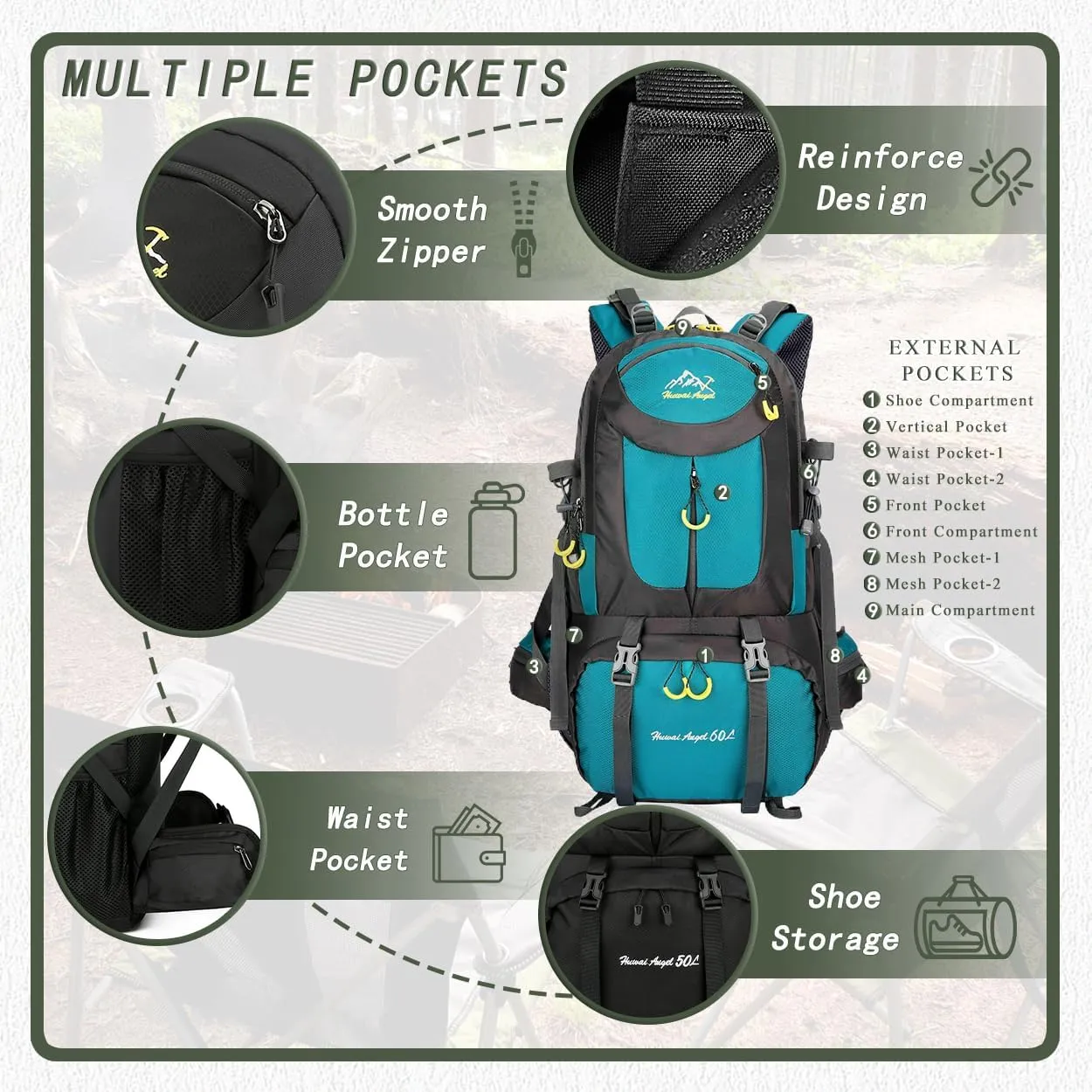 Backpack Hiking Camping Backpack Daypack 40L 50L 60L Water Resistant Lightweight Travel Backpack For Wemen Men (Teal, 40L)
