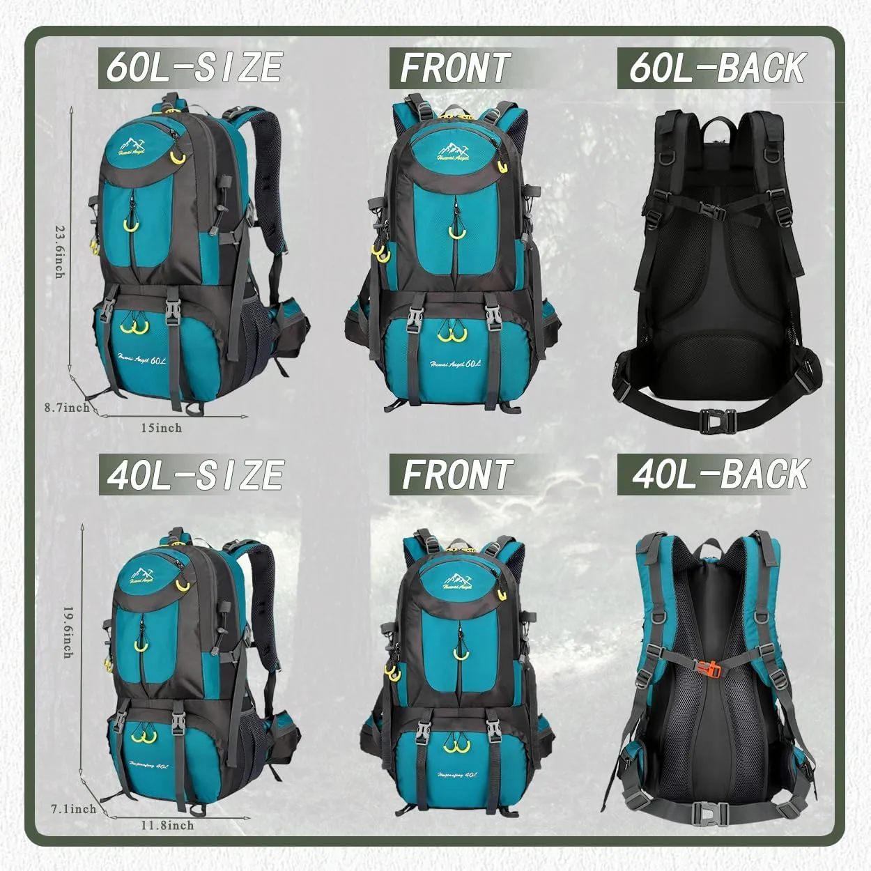 Backpack Hiking Camping Backpack Daypack 40L 50L 60L Water Resistant Lightweight Travel Backpack For Wemen Men (Teal, 40L)