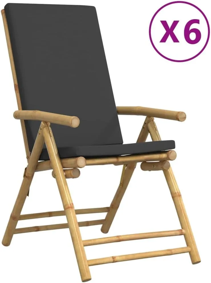 Backyard Chairs Beach Chair Outdoor Chairs Kitchen Chairs - 6 Piece Folding Patio Reclining Chairs with Dark Gray Cushions Bamboo for Beaches Outside Terrace Park